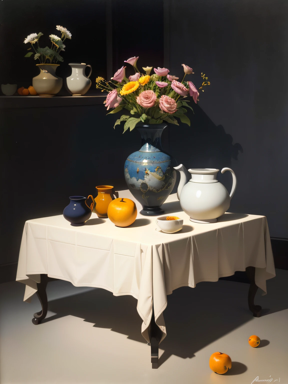there is a lot of in a vase on a table, behind there is a concrete wall, still life photography, by Anne Dunn, by Gerard Seghers, by Carl Rahl, by Yasushi Sugiyama, by Jan Pyna, oil painting, impresionist