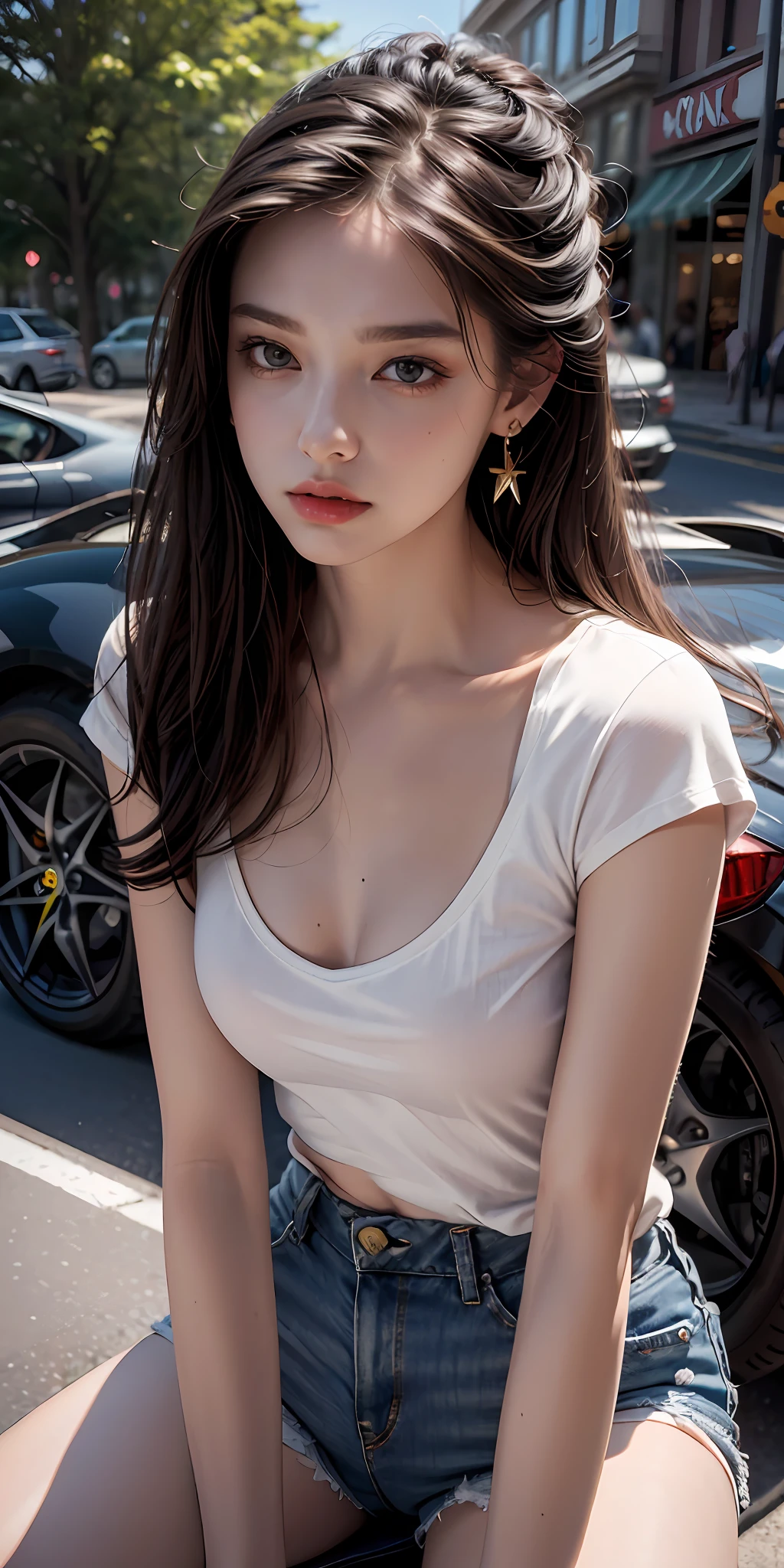 Best quality, masterpiece, super high resolution, (realistic: 1.4), original photo, (evening street), 1 girl, black eyes, looking at the audience, long hair, light makeup, lips, small ears, white t-shirt, denim shorts, earrings, sitting on Ferrari, big breasts, slim