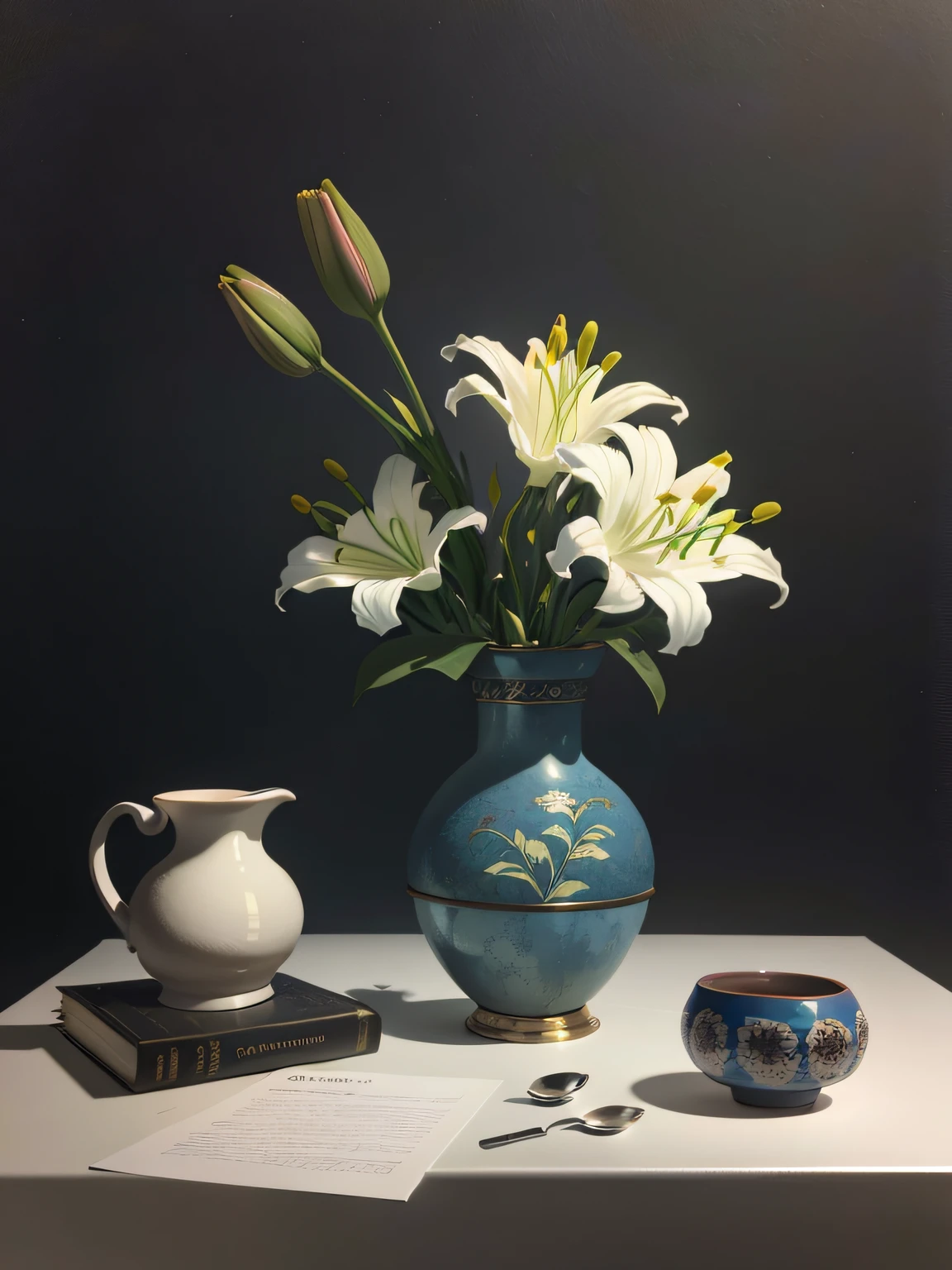 there is a bunch of lilies in a vase on a table, behind there is a concrete wall, still life photography, by Anne Dunn, by Gerard Seghers, by Carl Rahl, by Yasushi Sugiyama, by Jan Pyna, oil painting, impresionist