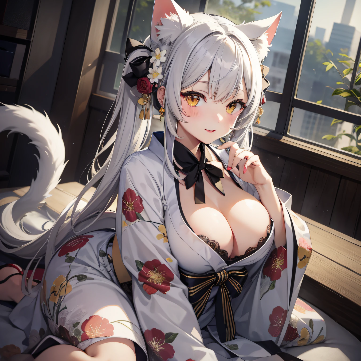 masterpiece, high resolution, high quality, NSFW, white kimono, big breasts, cat ears, floral pattern, yellow eyes, gray hair, twin tails