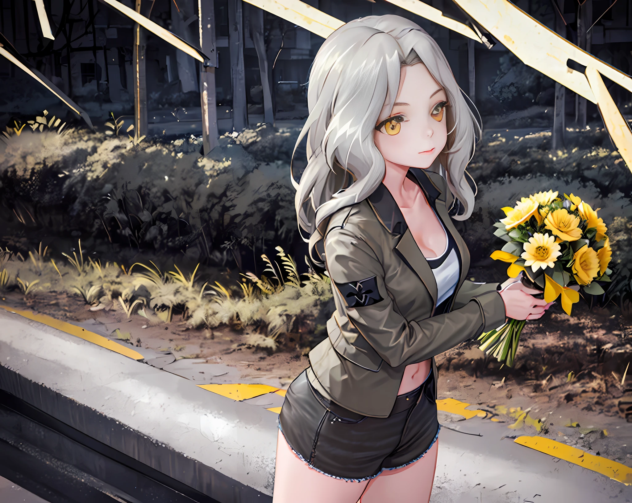 (top quality, masterpiece), (1 girl, solo, black suit, standing, watching viewer, gray hair, yellow eyes, mouth closed, upper body), (huge black bouquet background, floral background)