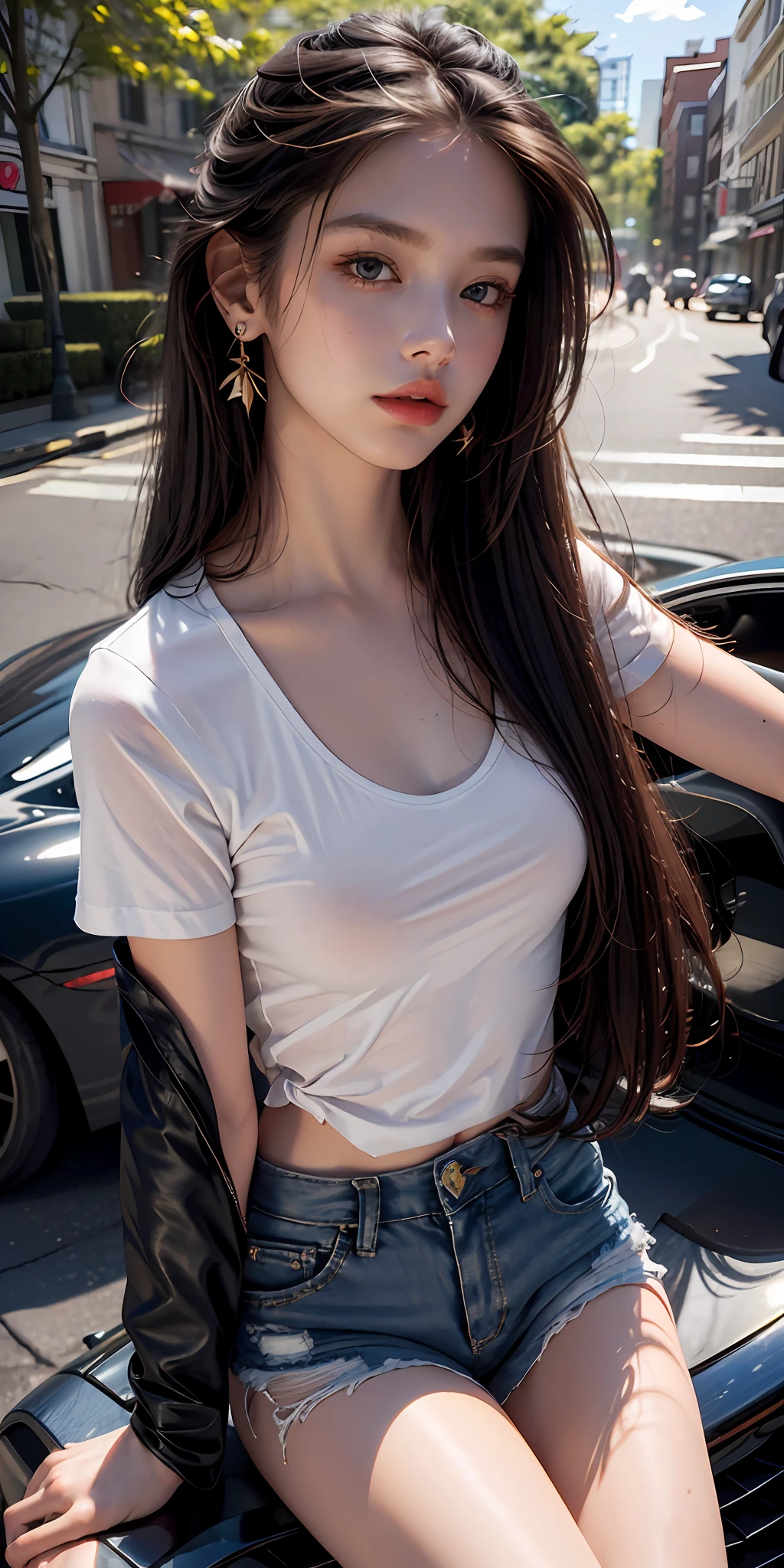 Best quality, masterpiece, super high resolution, (realistic: 1.4), original photo, (evening street), 1 girl, black eyes, looking at the audience, long hair, light makeup, lips, small ears, white t-shirt, denim shorts, earrings, sitting on Ferrari, big breasts, slim