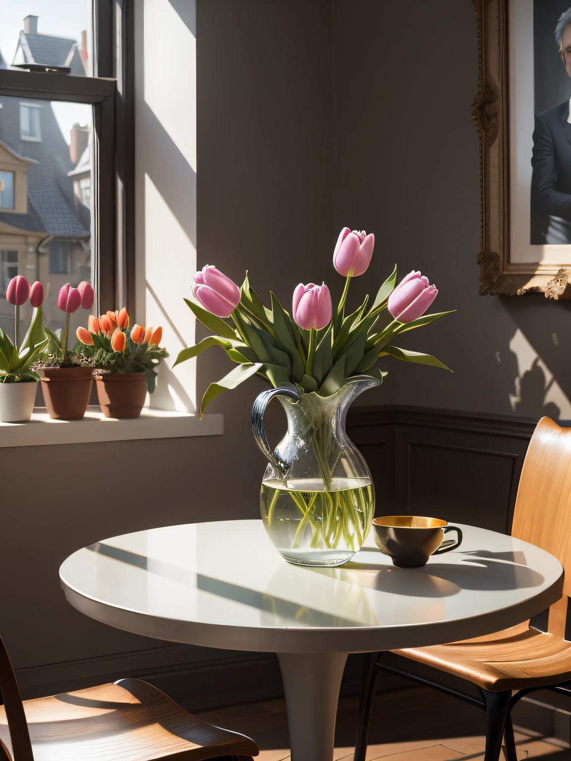 Portrait a bunch of tulips in a vase on a table, behind there is a concrete wall, still life photography, by Anne Dunn, by Gerard Seghers, by Carl Rahl, by Yasushi Sugiyama, by Jan Pyna, oil painting, impresionist