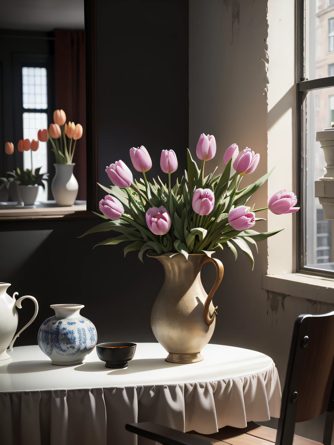 Portrait a bunch of tulips in a vase on a table, behind there is a concrete wall, still life photography, by Anne Dunn, by Gerard Seghers, by Carl Rahl, by Yasushi Sugiyama, by Jan Pyna, oil painting, impresionist