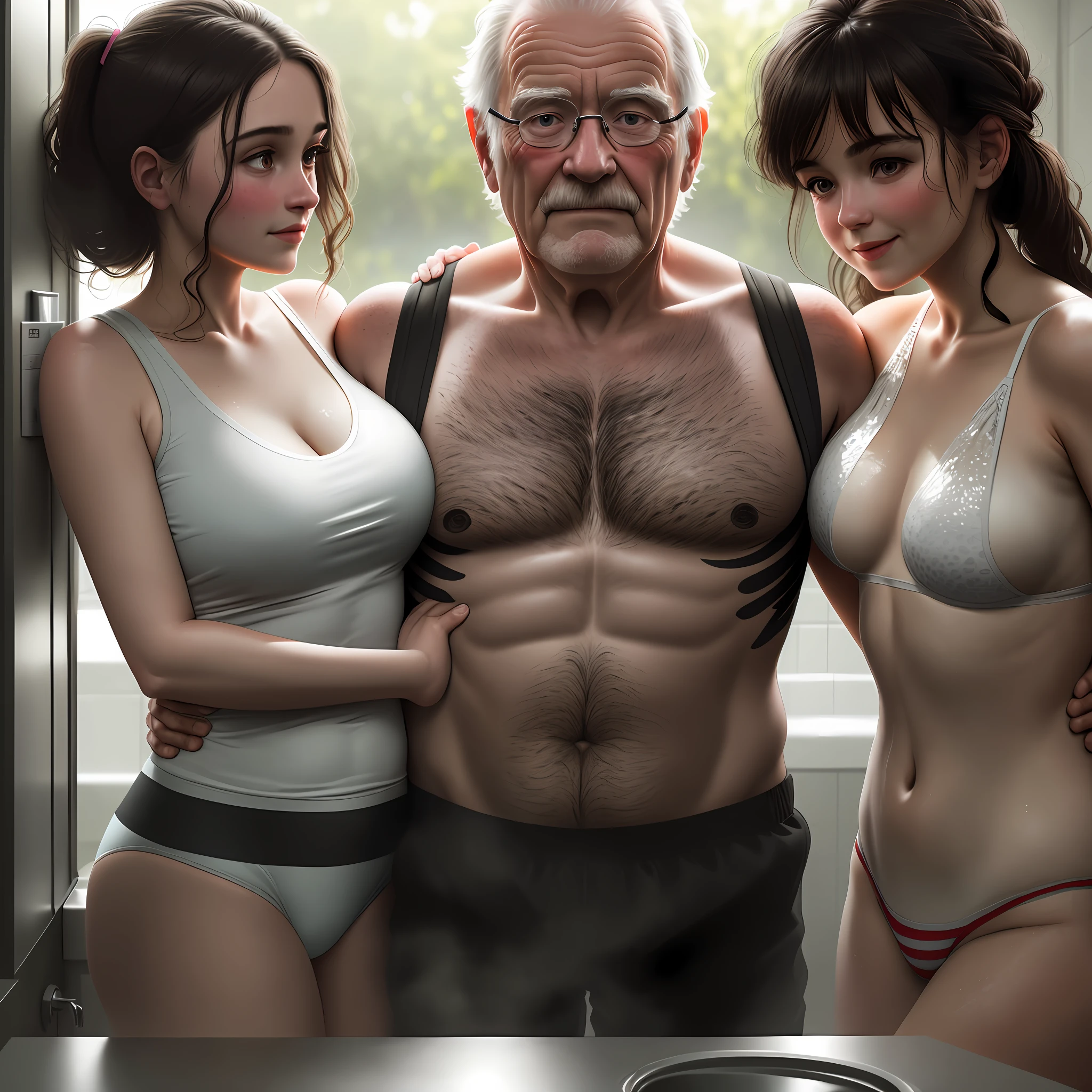 There are only two people in the bathroom, the two look at each other, wet body and hair, an old man and a big-breasted girl lou shower together, the old man squints at the girl, the girl smiles at the old man, the big-breasted girl is squeezed from behind by the old man, the girl looks back at the old man affectionately, the girl's chest is pressed against the glass, the girl's chest is pressed and deformed, the girl shows her shoulders and navel, the two people look at each other affectionately, hot love, forget the year, old husband and young wife, best quality, masterpiece, high resolution, Tindal effect, realism, shadow studio , Edge Lighting, Bicolor Illumination, (High Detail Skin: 1.2), 8k UHD, DSLR, Soft Light, High Quality, Volume Lighting, Photo, High Resolution 4K, 8k,