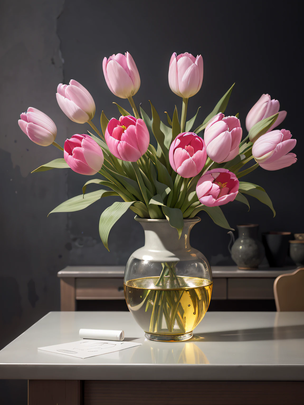 Portrait a bunch of tulips in a vase on a table, behind there is a concrete wall, still life photography, by Anne Dunn, by Gerard Seghers, by Carl Rahl, by Yasushi Sugiyama, by Jan Pyna, oil painting, impresionist