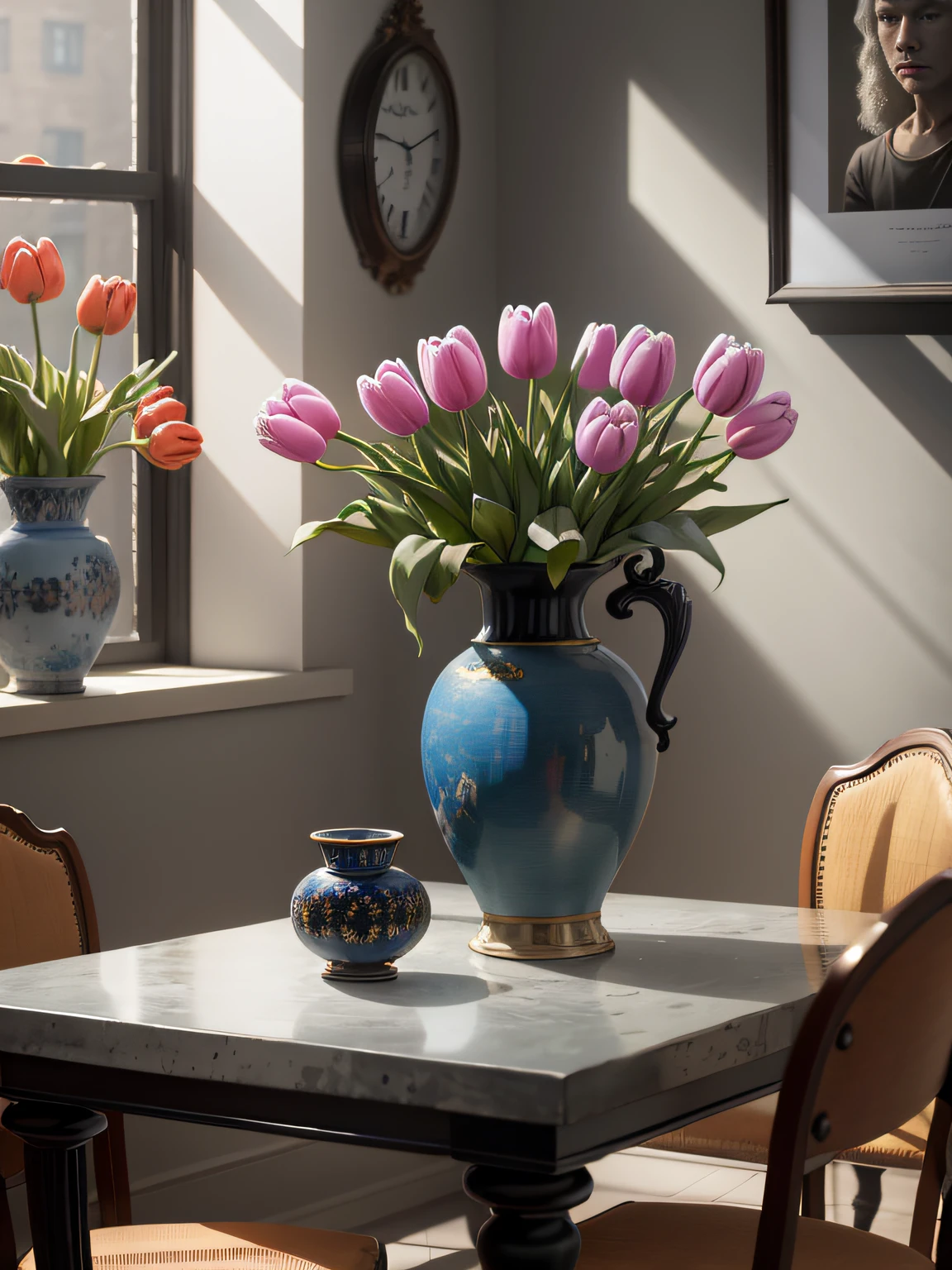 Portrait a bunch of tulips in a vase on a table, behind there is a concrete wall, still life photography, by Anne Dunn, by Gerard Seghers, by Carl Rahl, by Yasushi Sugiyama, by Jan Pyna, oil painting, impresionist