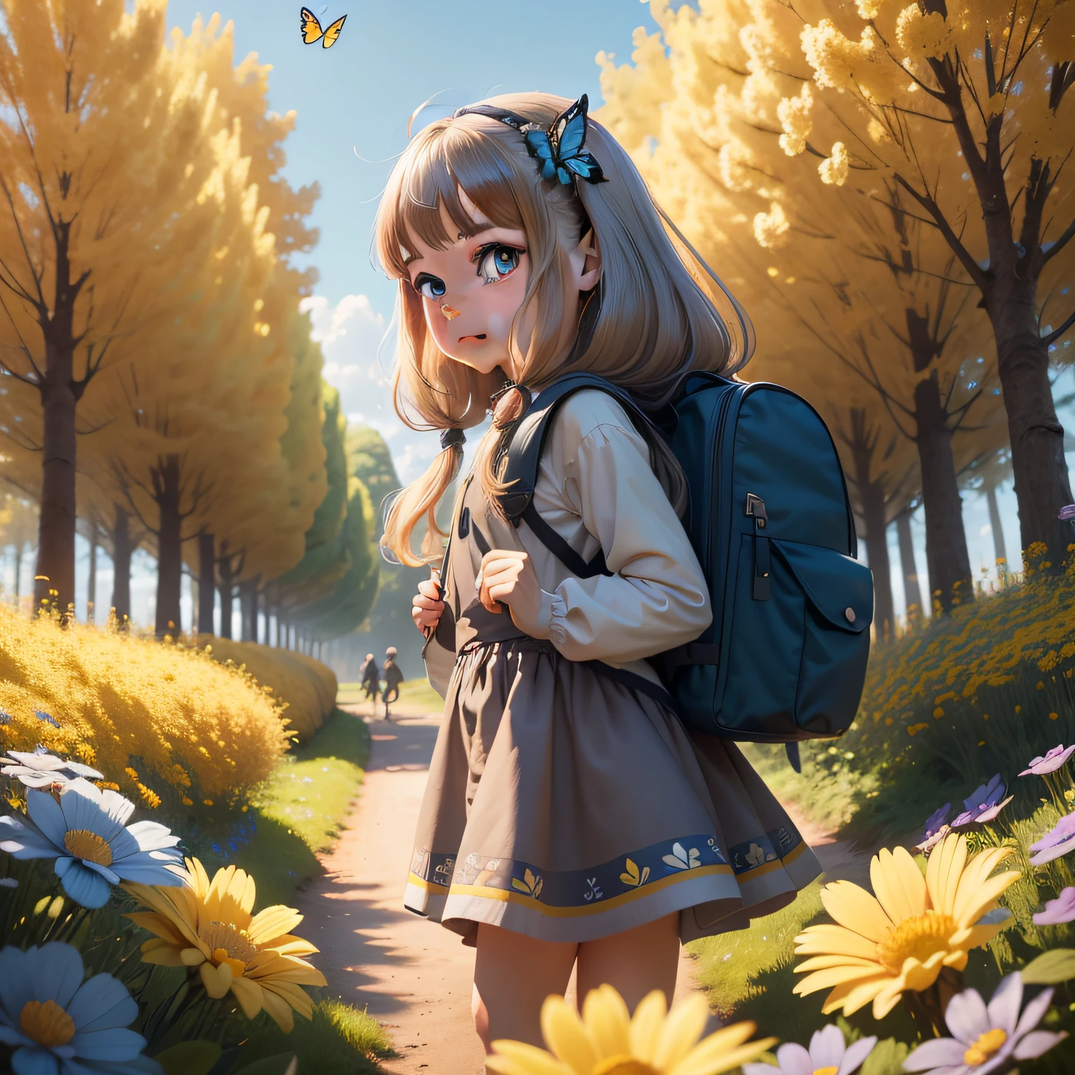 An incredibly charming, futuristic, long-haired carrying a backpack, accompanied by her adorable yorkishire puppy, enjoying a beautiful spring walk surrounded by beautiful yellow, red and blue flowers, and natural landscapes. The illustration is in high definition in 8k resolution, with highly detailed facial features and visual style, realistic definition, realistic 3D (Butterfly Dance)
