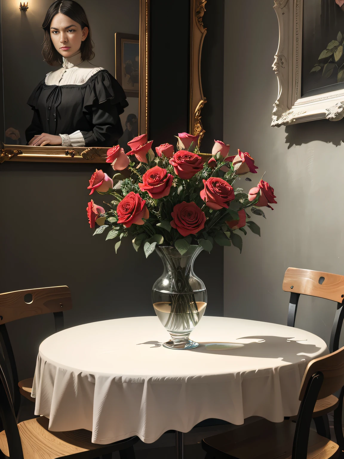 Portrait of a bunch of roses in a vase on a table, behind there is a concrete wall, still life photography, by Anne Dunn, by Gerard Seghers, by Carl Rahl, by Yasushi Sugiyama, by Jan Pyna, oil painting, impresionist