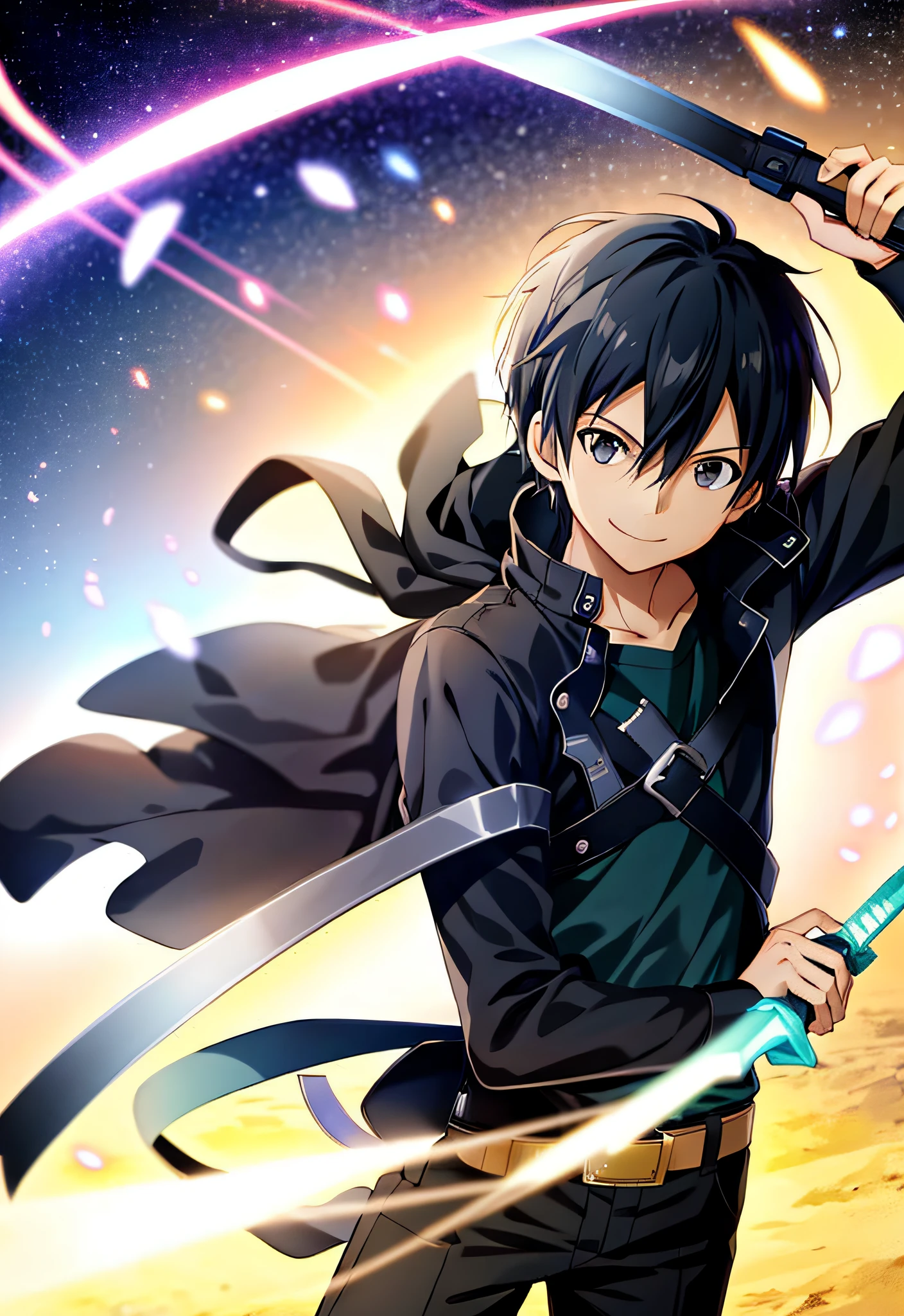 High Definition, Anime-style, Kirito, Solo, 1boy, Smile, Black Hair, Black Clothing, Black Sword, Black Eyes, Grassland,
