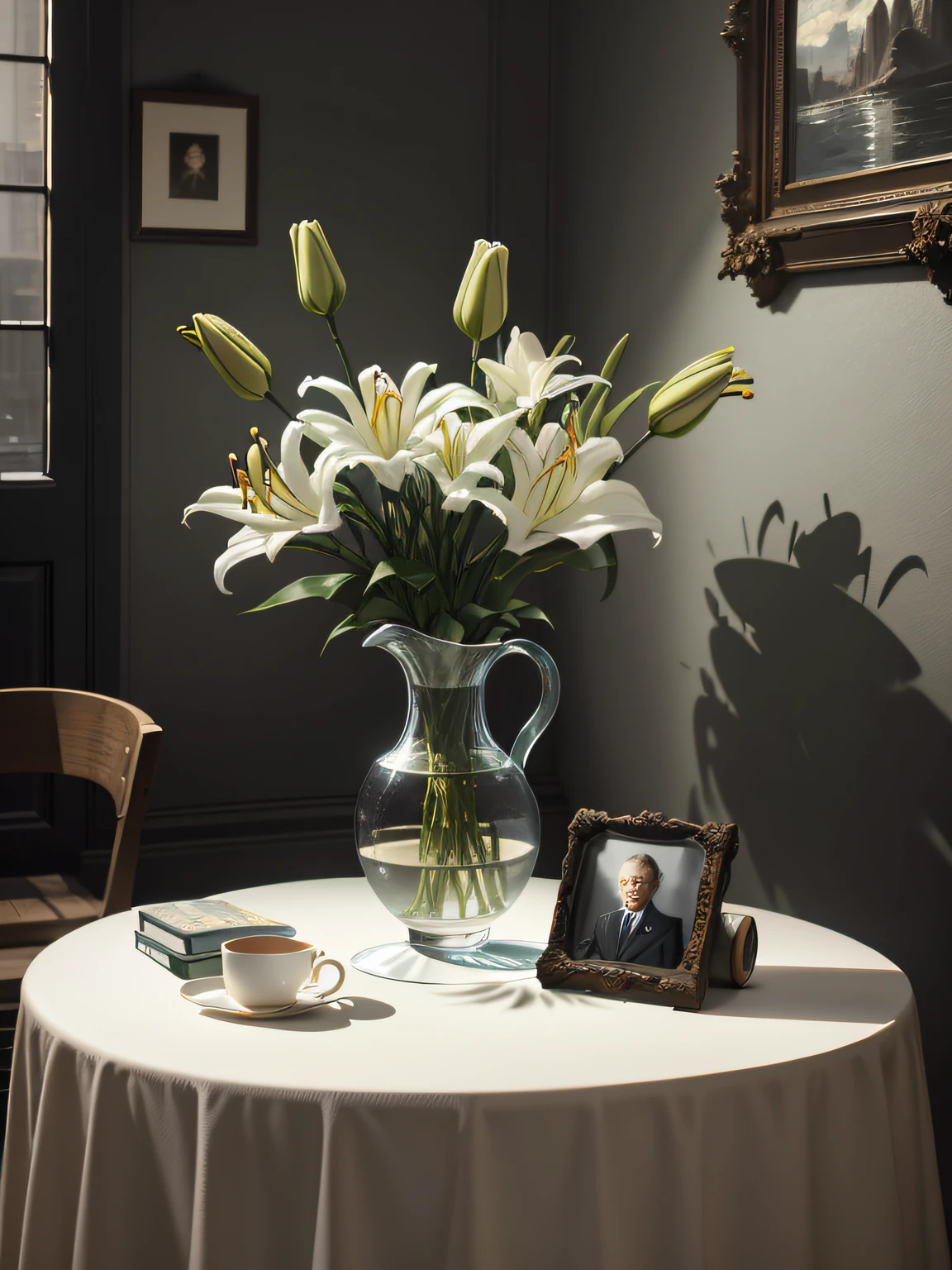 Portrait a bunch of lilies in a vase on a table, behind there is a concrete wall, still life photography, by Anne Dunn, by Gerard Seghers, by Carl Rahl, by Yasushi Sugiyama, by Jan Pyna, oil painting, impresionist