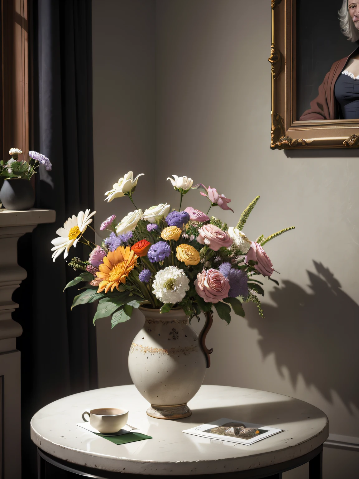 Portrait a bunch of flowers in a vase on a table, behind there is a concrete wall, still life photography, by Anne Dunn, by Gerard Seghers, by Carl Rahl, by Yasushi Sugiyama, by Jan Pyna, oil painting, impresionist