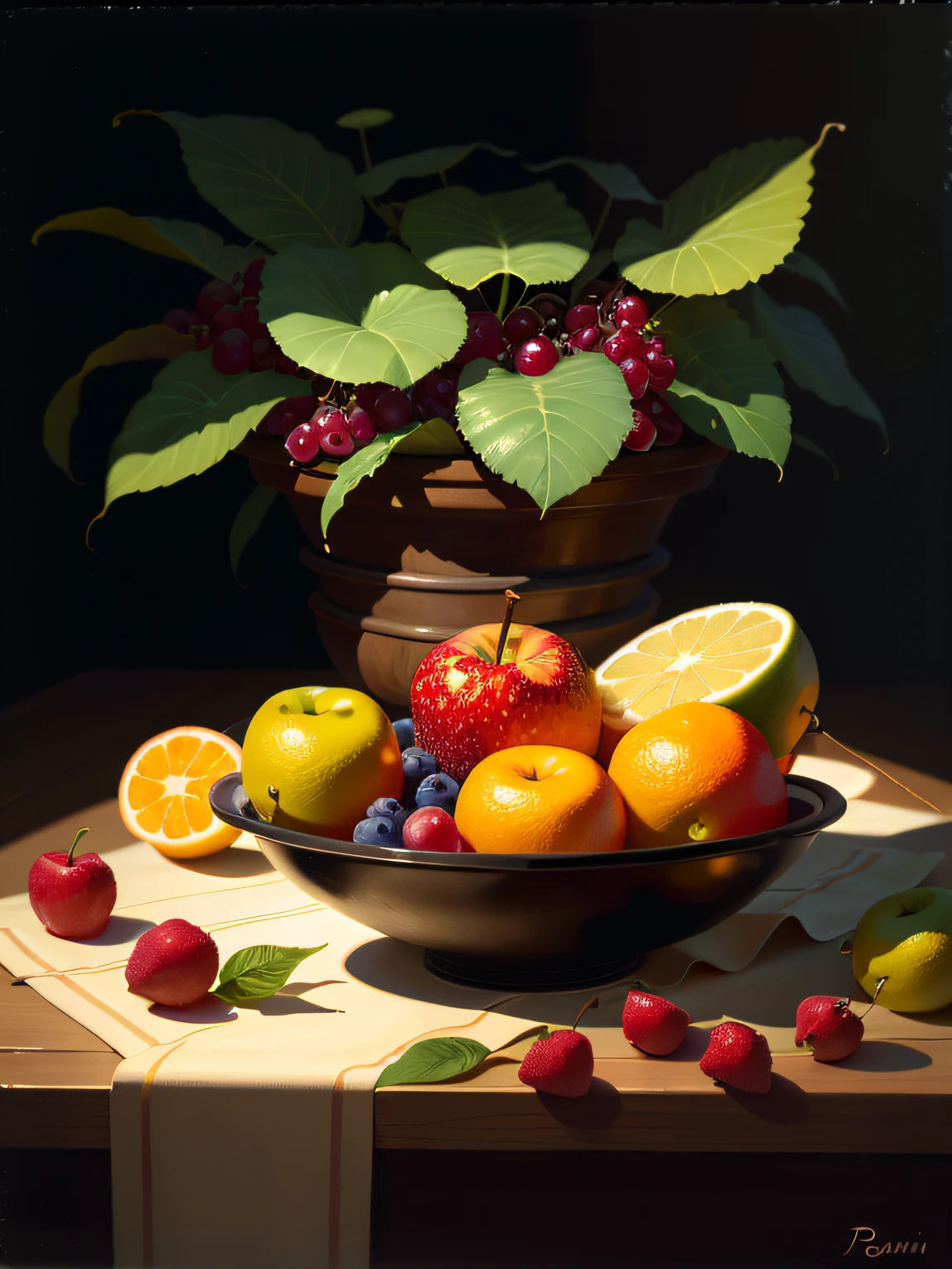painting of a still life of fruit on a table with a leaf, still life painting, (a bowl of fruits)!!!!!!!!!, pain in oil, painting in oil!!!, fruits, by Perin del Vaga, style of oil painting, oil art, painted in oil colors, intricate oil painting, oil painting