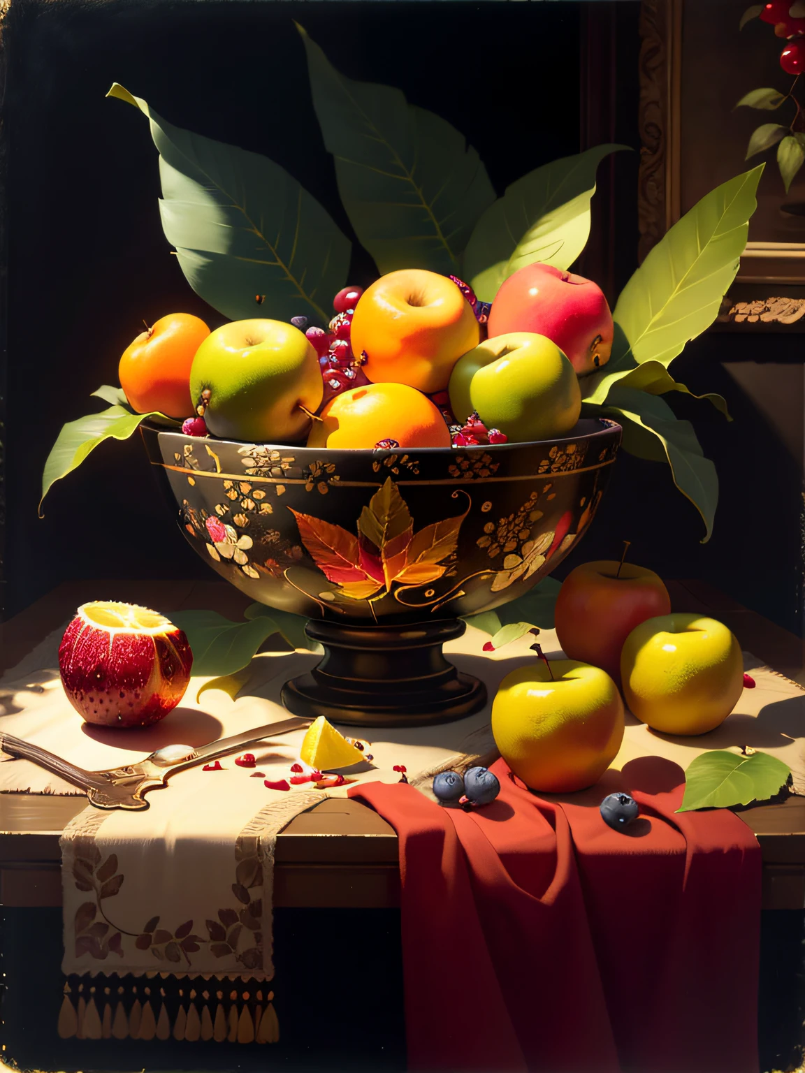 painting of a still life of fruit on a table with a leaf, still life painting, (a bowl of fruits)!!!!!!!!!, pain in oil, painting in oil!!!, fruits, by Perin del Vaga, style of oil painting, oil art, painted in oil colors, intricate oil painting, oil painting