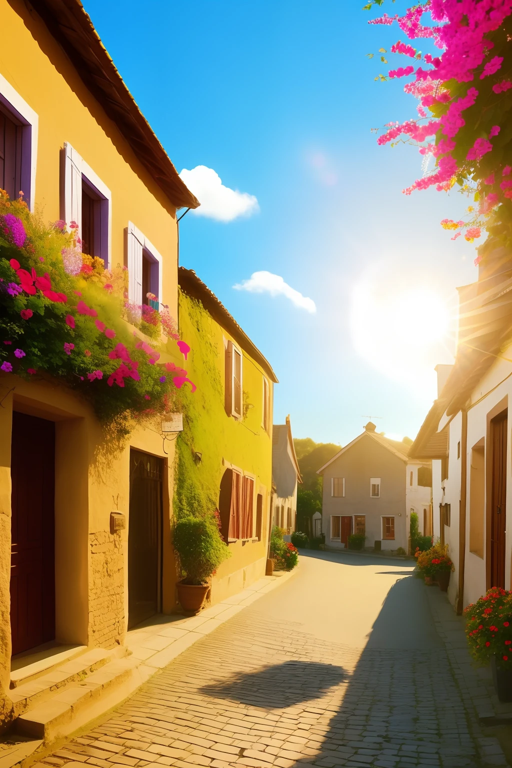 A sun-drenched morning in a quaint village, realistic, flower-eater, HD, surreal, natural, photography, masterpiece
