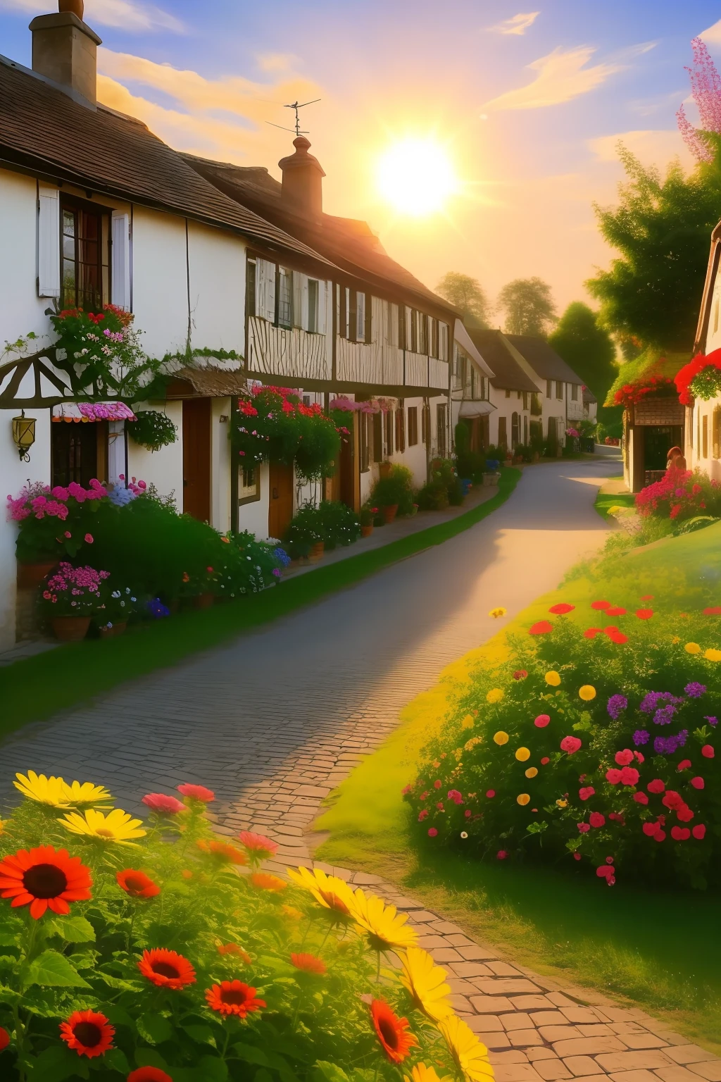 A sun-drenched morning in a quaint village, realistic, flower-eater, HD, surreal, natural, photography, masterpiece