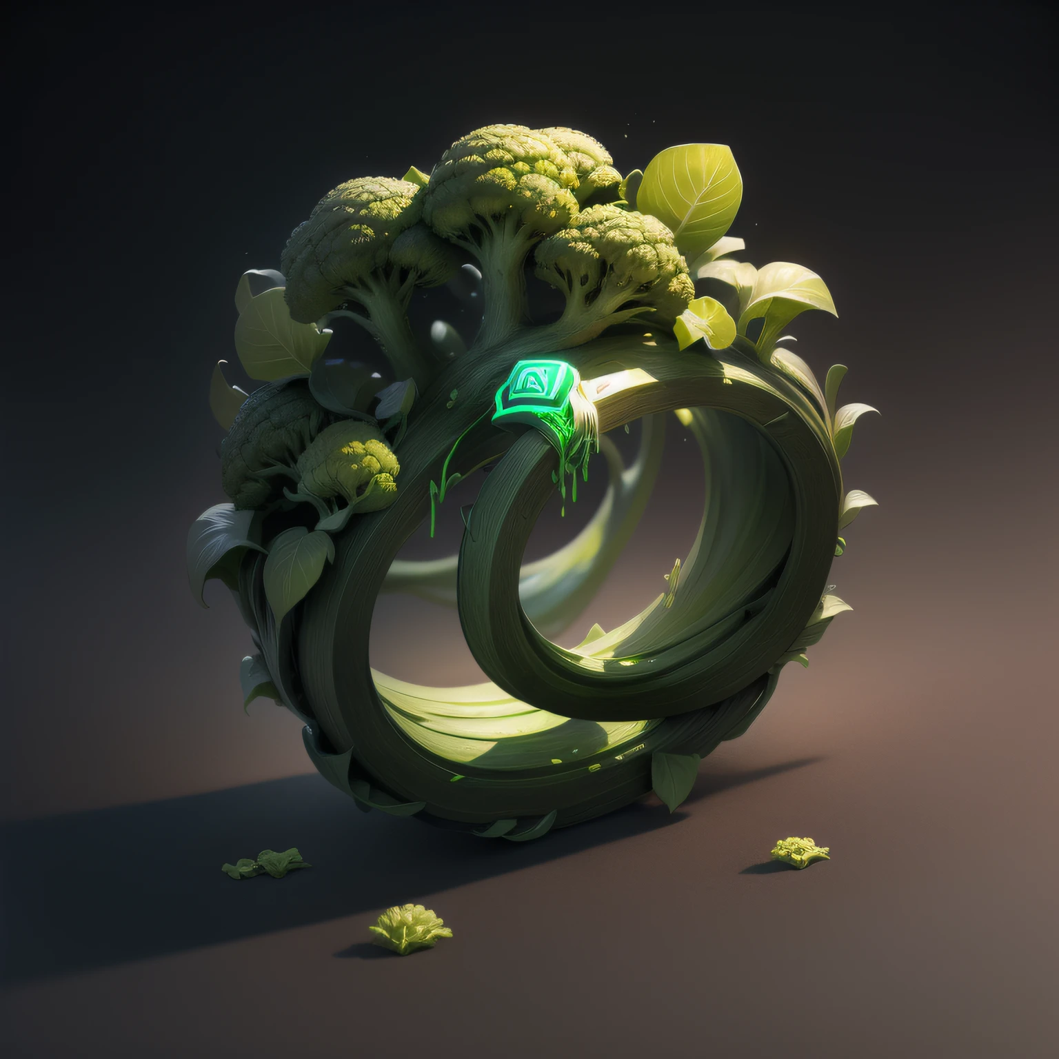 {Intricate magic ring made of broccoli } , runes of power, game icon (masterpiece)