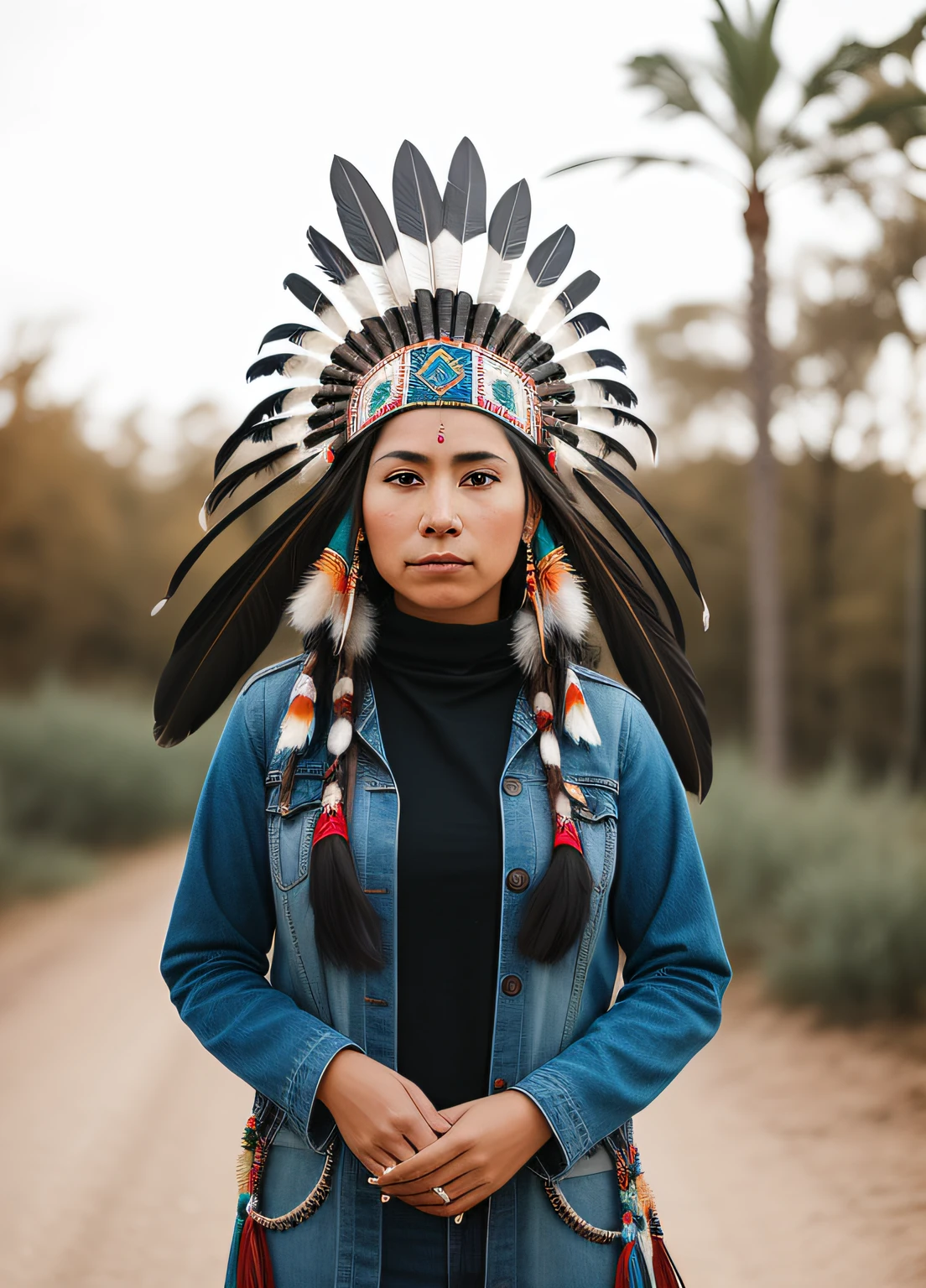 arafed woman wearing a native american headdress standing in a park, headdress, feathered headdress, american indian headdress, Lonely, lonely on the highway. The sky is blue cloudy, the clouds are beautiful and romantic, feather native american headgear, ornate headdress, twigs and branches in the background, taken with canon eos r 6, taken with a canon eos r 6, taken with a canon eos r 6, centered headdress, wearing crown of bright feathers, wearing authentic attire, fix the fingers, neat fingers