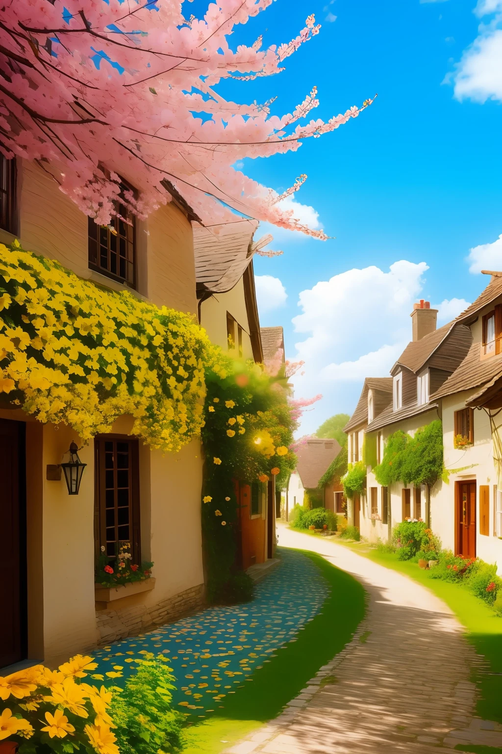 A sun-drenched morning in a quaint village, realistic, flower-eater, HD, surreal, natural, photography, masterpiece
