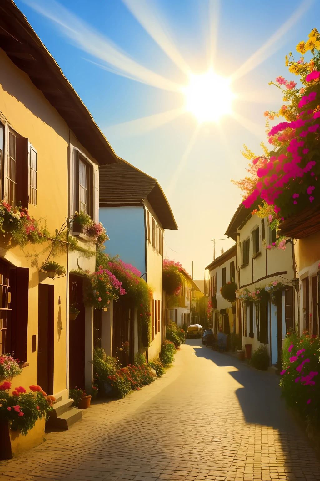 A sun-drenched morning in a quaint village, realistic, flower-eater, HD, surreal, natural, photography, masterpiece