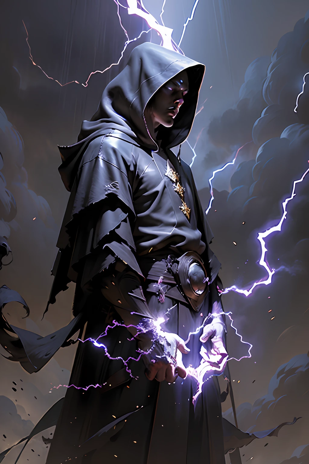 Best quality, masterpiece, 8k, leilinggeng, lightning, , lots of lightning, drawing, lightning elemental energy for himself, hooded man, we can't see his face in medieval clothes, dark environment full of lightning