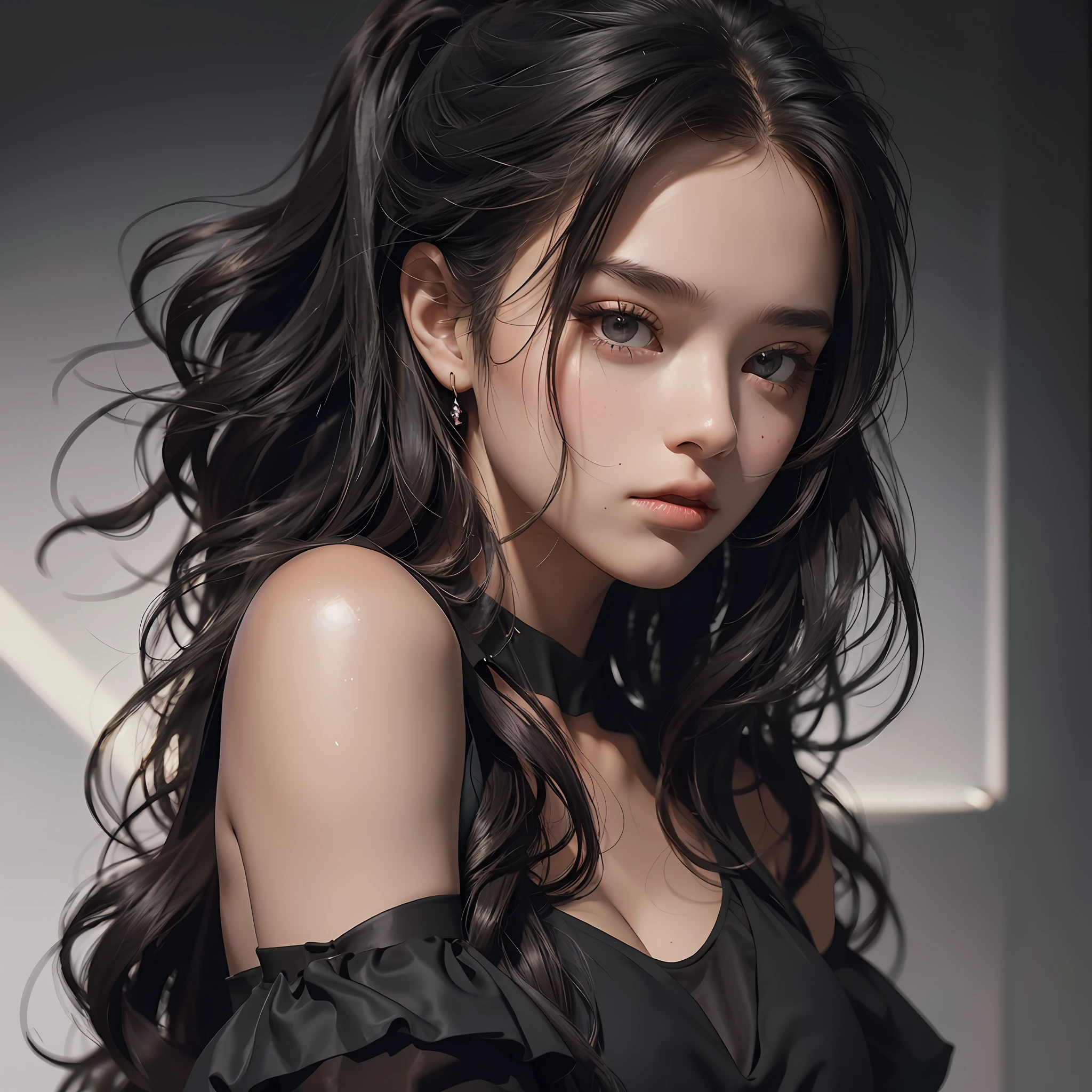 RAW photo, masterpiece, best quality, (1girl), 20yo, studio, cool pose, black dress, stunning beauty, close-up portrait, waist high portrait, off shoulder dress, long curly hair, messy hair, studio light, cinematic, ultra realistic, photorealism, dark background