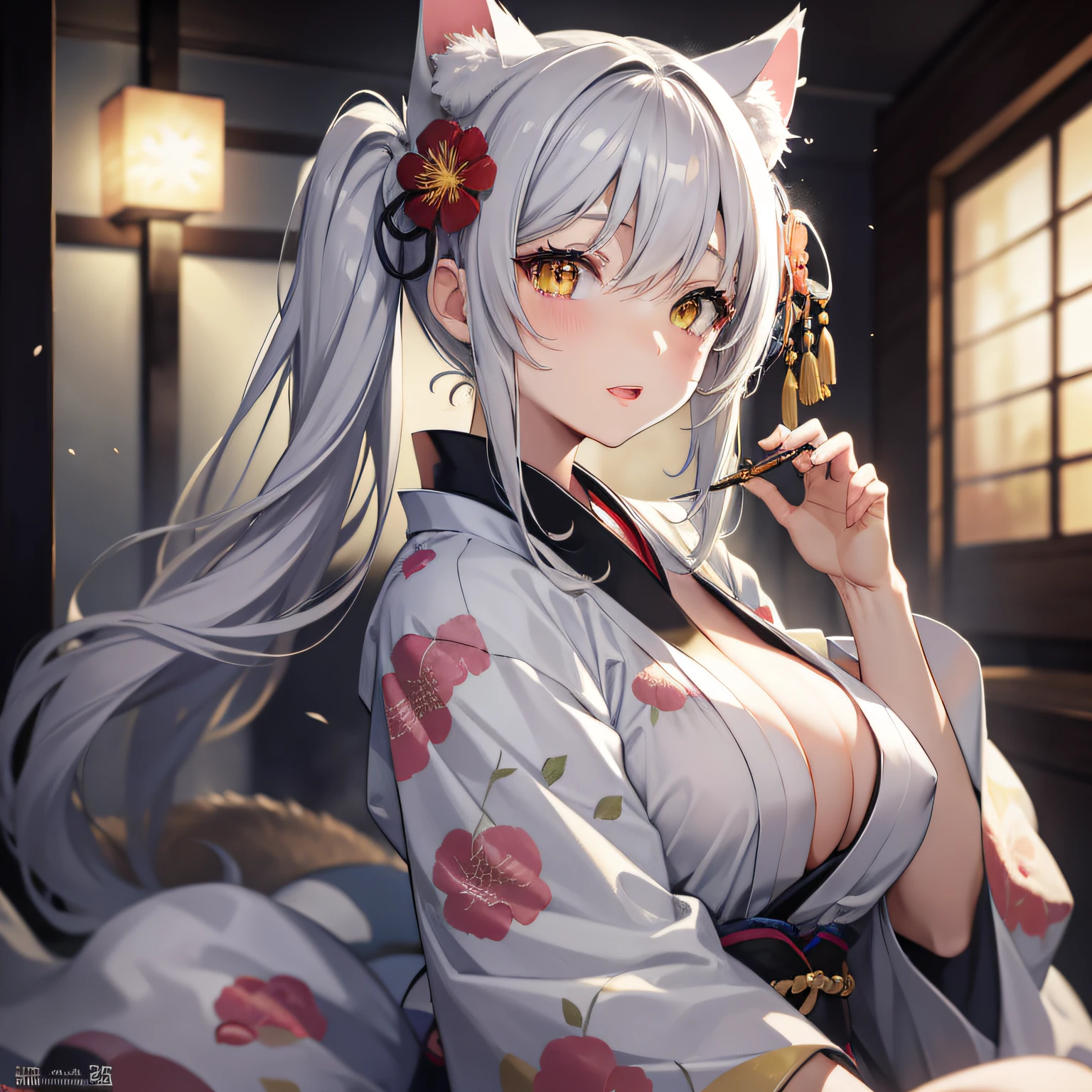 masterpiece, high resolution, high quality, NSFW, white kimono, big breasts, cat ears, floral pattern, yellow eyes, gray hair, twin tails