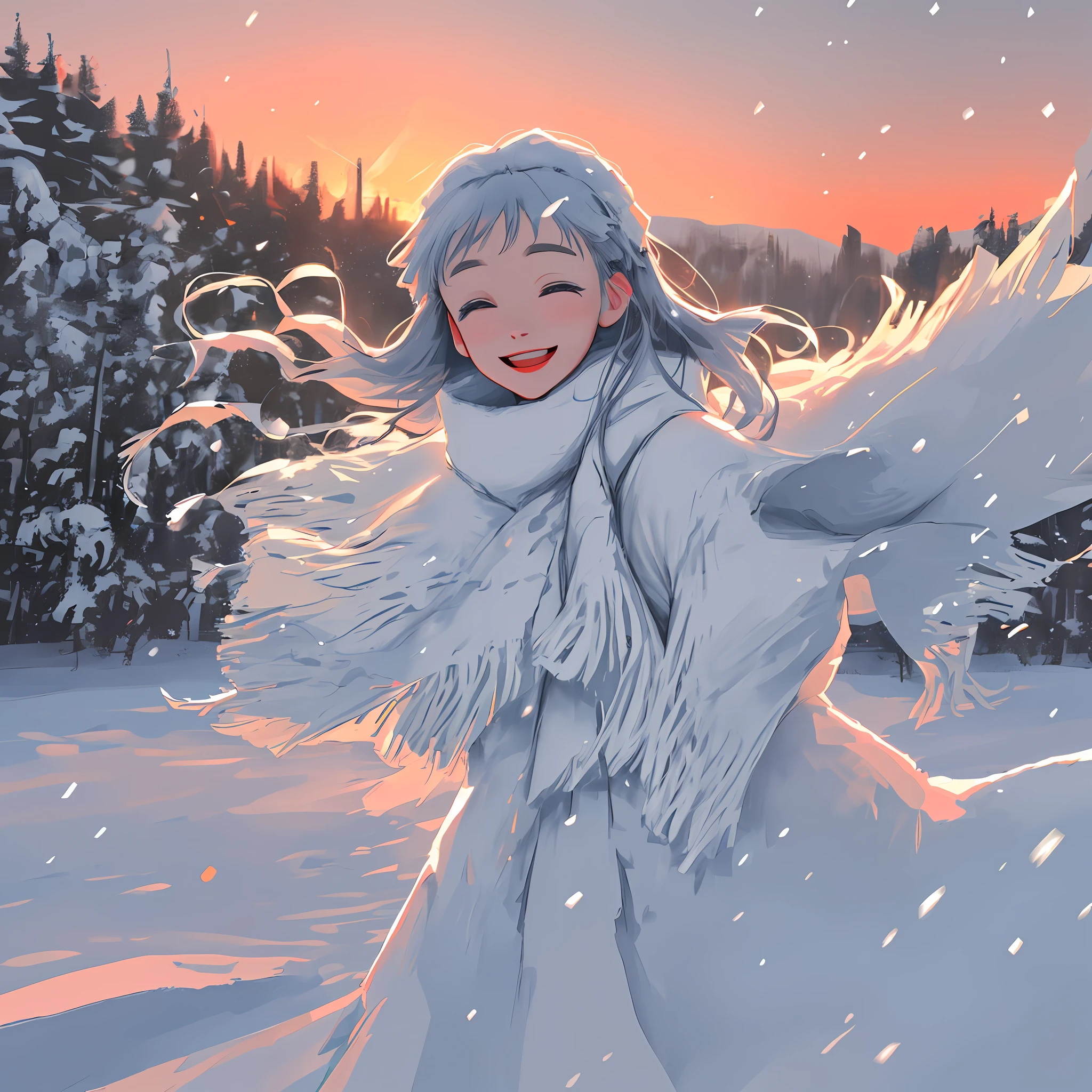 The best texture, high quality, ultra HD, 8K, close-up picture, snow, flying snowflakes, evening, sunset, snow country at night, snow room, snow house, snowflakes falling all over the ground, the lens clearly captures snowflakes falling, rising with the wind, realistic, very detailed, high detail, ultra-clear, a picture full of happiness.
