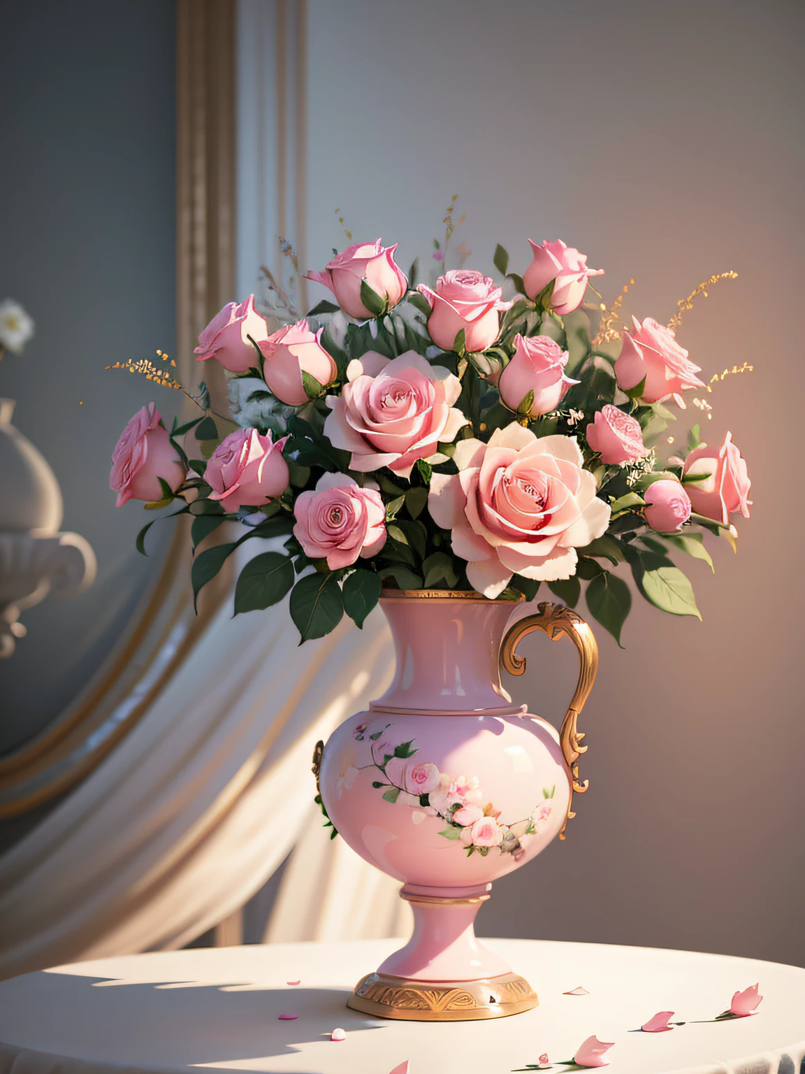 There is a painting of a vase with pink roses, elegant flowers, ornate translucent roses, beautiful aesthetics, elegant digital painting, roses, exploding roses, magic flowers, beautiful flowers, beautiful art, incredibly beautiful, I dream of a vase of flowers, decorative roses, oil painting of realistic flowers, elegant and ornate, pink flowers, beautiful and elegant