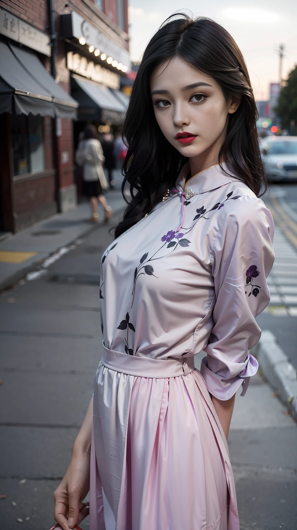 (purple printed china dress),1 girl, (arms behind back:1.1),(realistic:1.7),((best quality)),absurdres,(ultra high res),(photorealistic:1.6),photorealistic,octane render,(hyperrealistic:1.2), (photorealistic face:1.2), (8k), (4k), (Masterpiece),(realistic skin texture), (illustration, cinematic lighting,wallpaper),( beautiful eyes:1.2),((((perfect face)))),(cute),(standing),(black hair),long hair,black eyes, red lips, (outdoors),