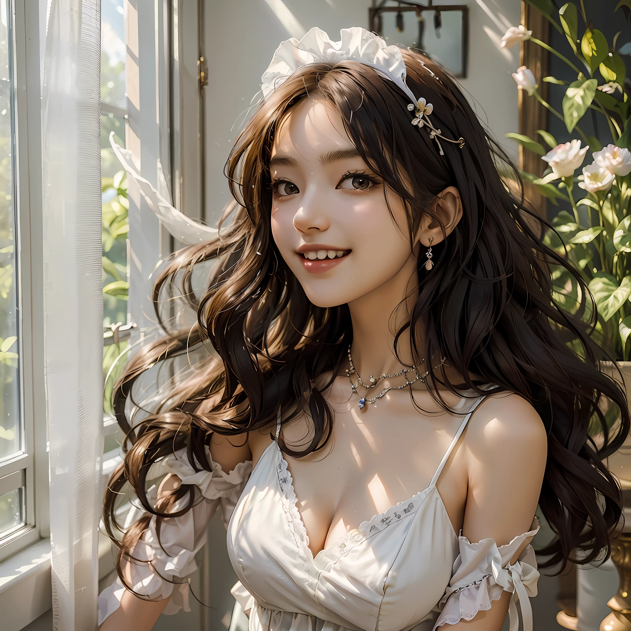 RAW photo, masterpiece, best quality, (1girl), 20yo, indoor, sunny window, maid costume, sexy maid, stunning beauty, portrait, sun light, nature light, happy, smile, long curly hair, messy hair
