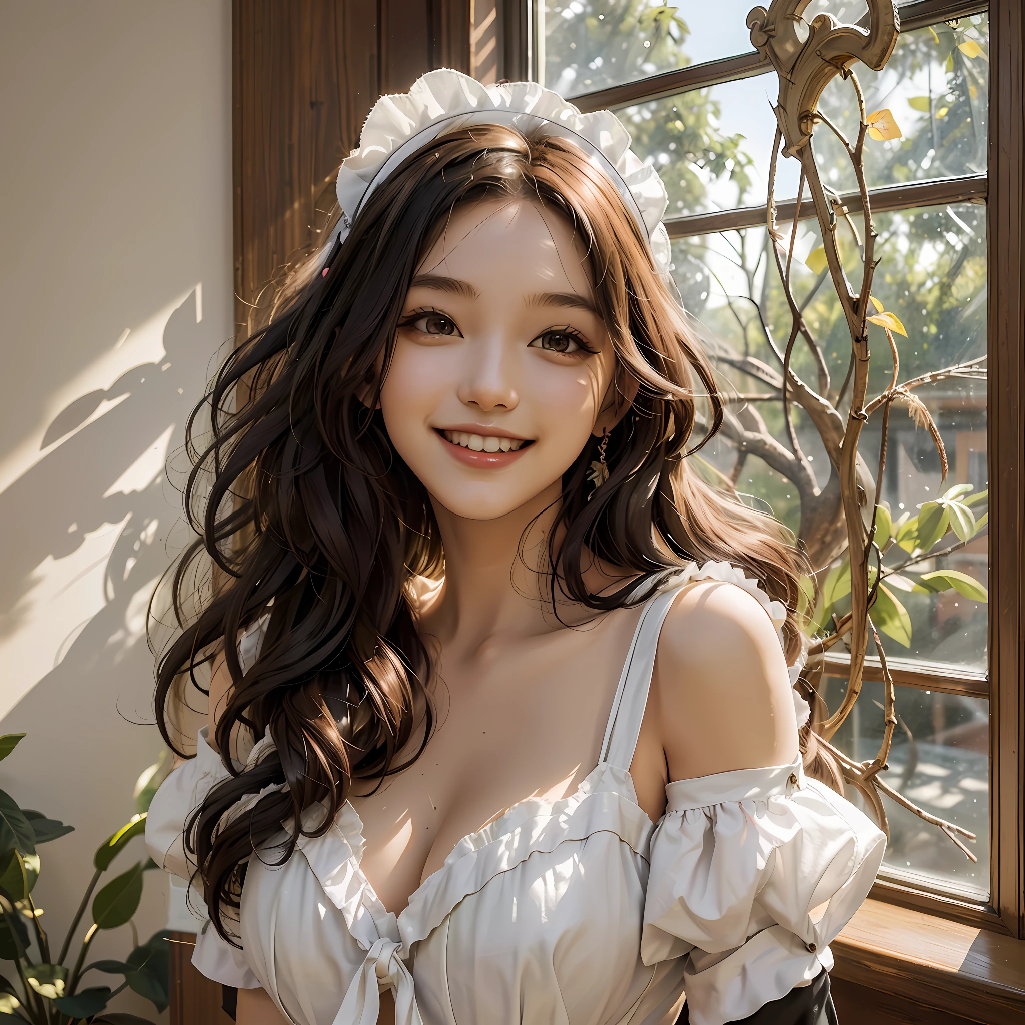 RAW photo, masterpiece, best quality, (1girl), 20yo, indoor, sunny window, maid costume, sexy maid, stunning beauty, portrait, sun light, nature light, happy, smile, long curly hair, messy hair