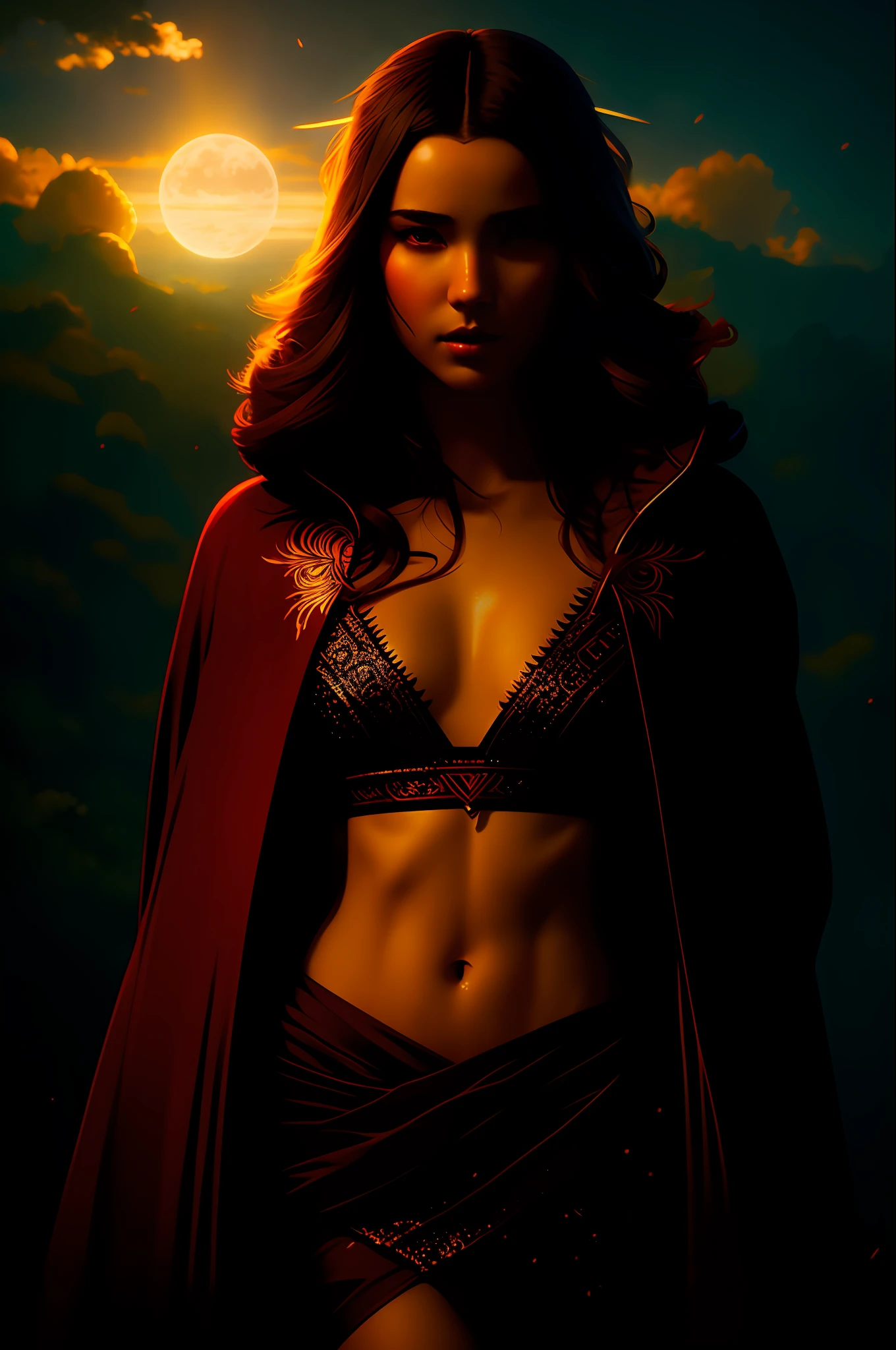 movie still of the priestess of the red moon , red robes, dynamic pose, western style, perfect body, intricate details,
full red moon in the background, backlights, rays of light trough her hair, ambient occlusion, volumetric lights,
Greg Rutkowski, RHADS, Beeple, Makoto Shinkai, Lois van Baarle, Ilya Kuvshinov, Rossdraws, Tom Bagshaw,
masterpiece, ultra high res, high quality, dark, moody style