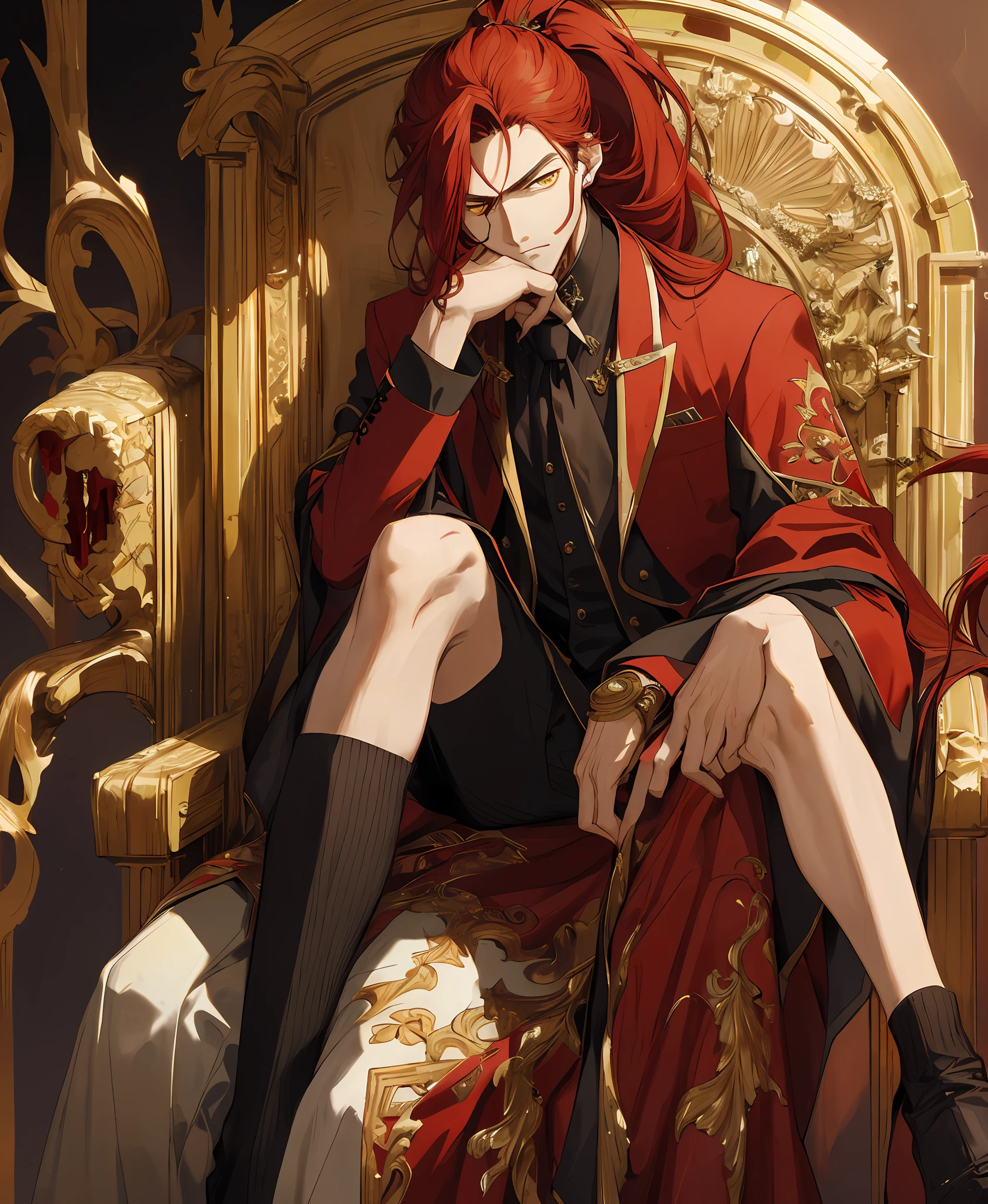 (masterpiece, best quality, high quality), 1young man, ((not impressed)), sitting, looking at the viewer, red hair, (long hair, disheveled hair), yellow eyes, :(, hair ponytail, black and red clothes, blood, sinister background, sitting on throne, dark clothes