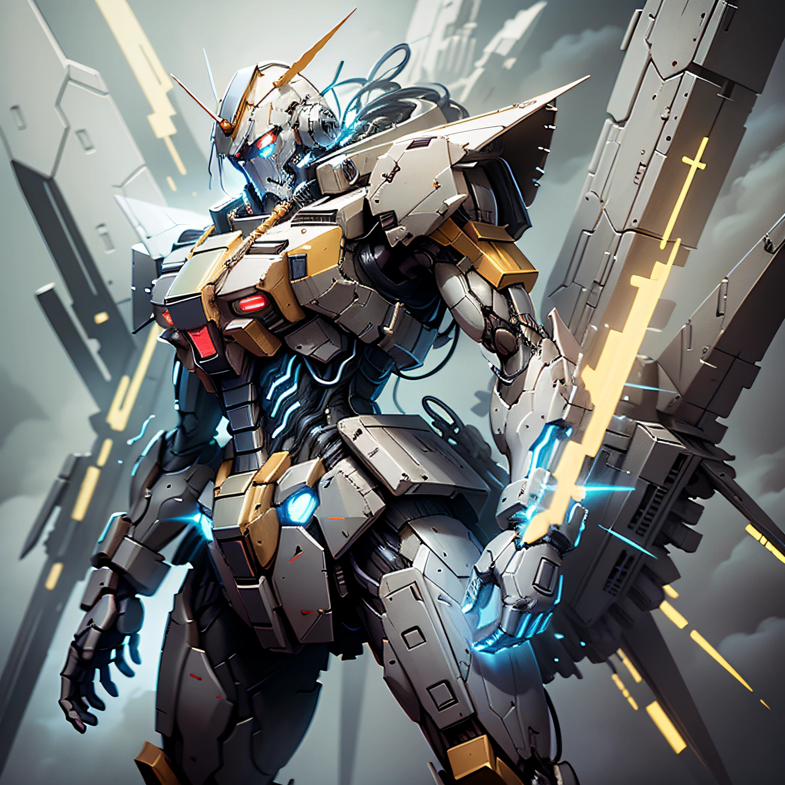 (Gundam), Character, Standing, Armed, Dynamic, Shard Effects, Smoke, Glow, High Contrast, Mechanical, Spectral Splitting, Dynamic Angle, Dark Style --auto --s2