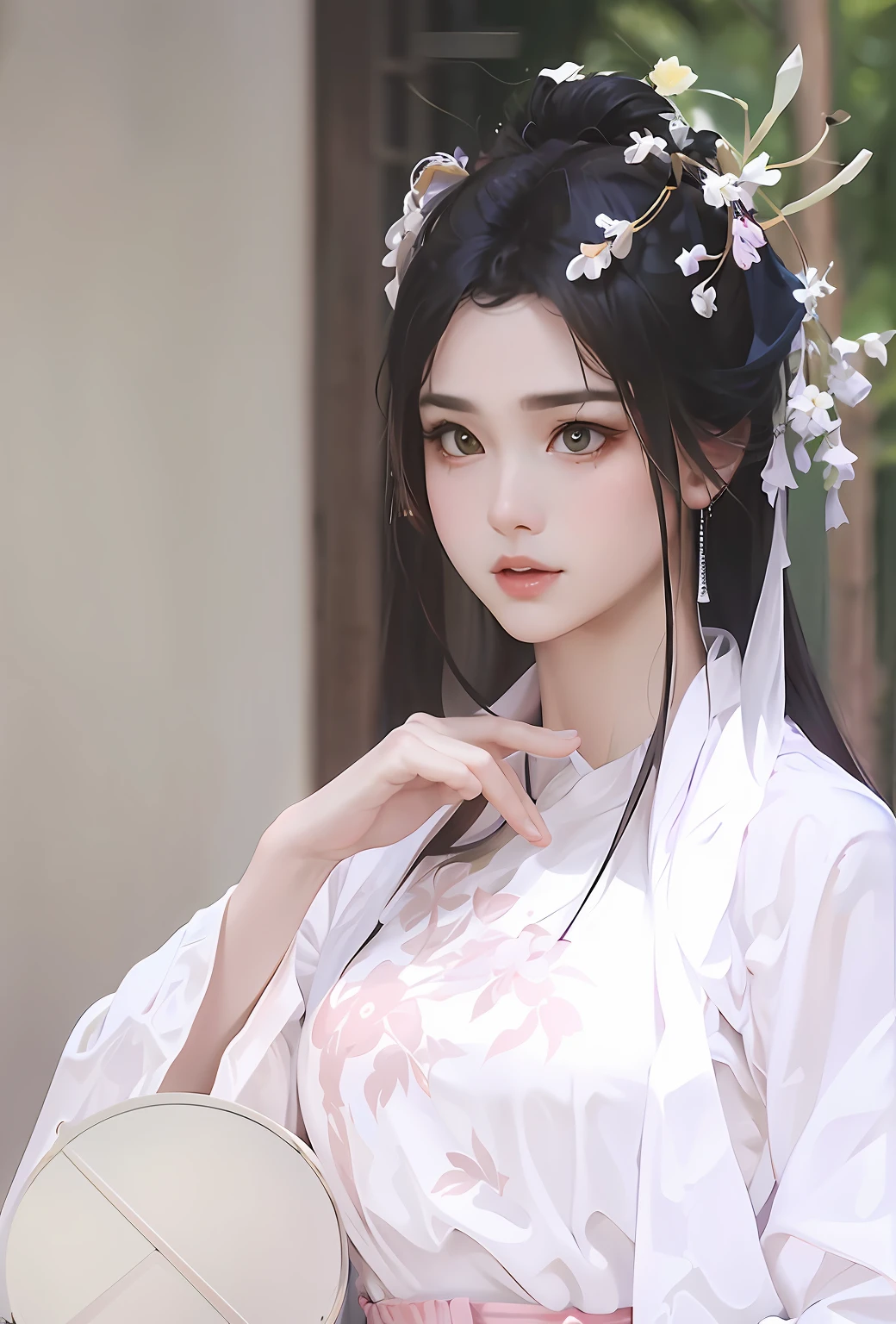 (8k, RAW photo, best quality, mastery:1.2), (realistic, photo-realistic:1.37), perfect face shape, high quality, high precision, professional lighting, photon mapping, ray tracing, radiosity, physical rendering, well, 1girl, looking at the audience, long hair, solo, upper body, outdoors, brown hair, blurred background, blur, daytime, realism, sky, blue sky, hanfu, big breasts , shut up, tree, cleavage, hanfu, (hanstyle, hanfu, full body: 1.2)