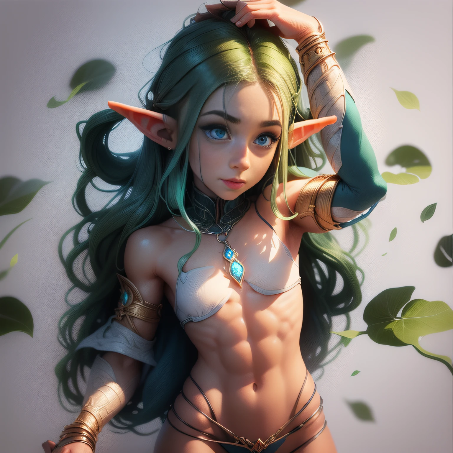 {Intricate magic ring made of small elf fairies } ,  elf girl with freckles and bright striking blue eyes are shoulders, muscular, fit, defined abs, thongs,  runes of power, game icon (masterpiece)