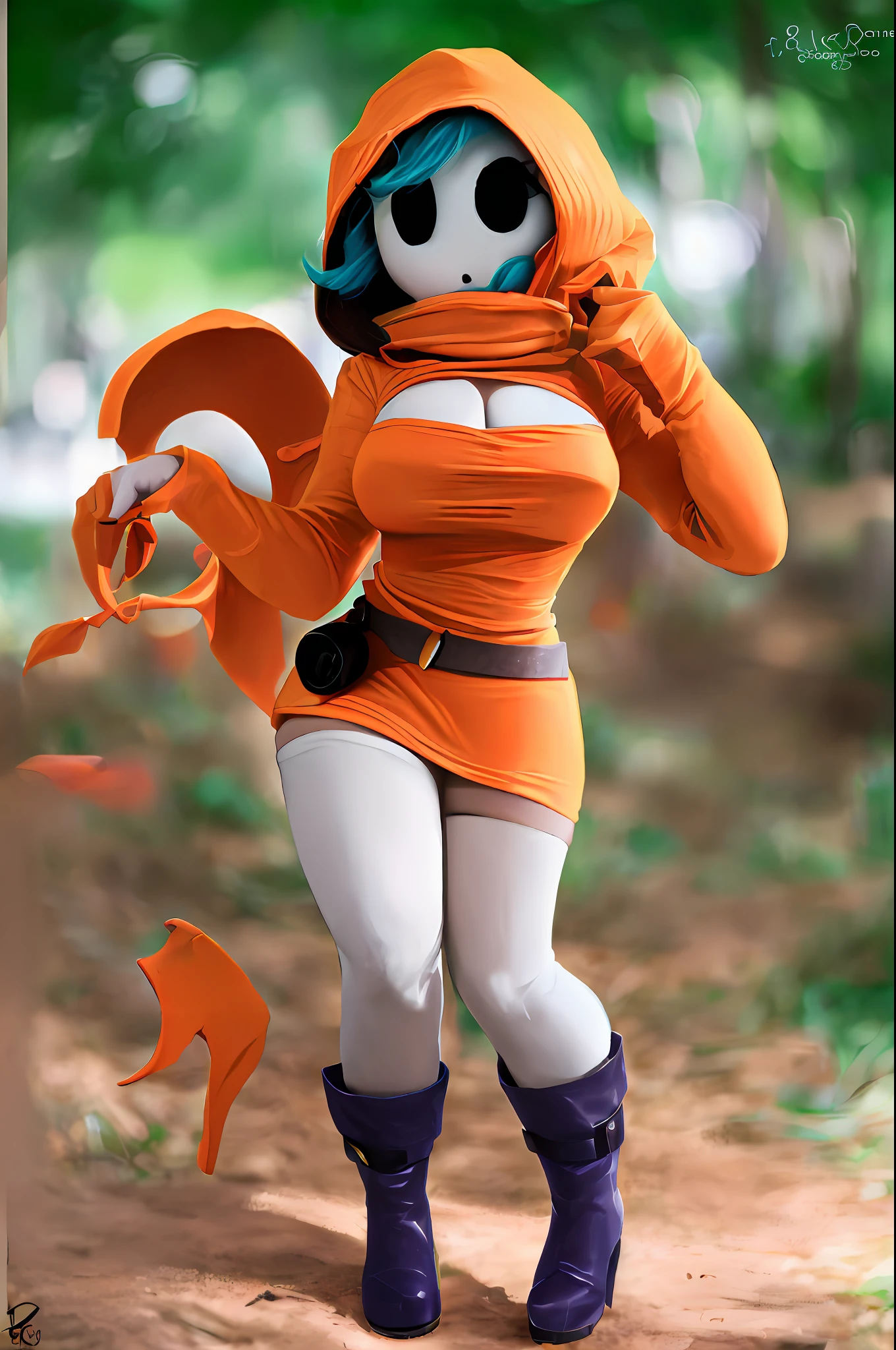 ((Best Quality, 4K, Masterpiece: 1.3)), a beautiful woman with perfect figure: 1.4, highly detailed facial and skin texture, posing facing camera, looking at viewer, shy guy mask on face, blue curly hair, short tight orange dress and light blue boots (brown buckles, thighhighs (white), boob window, cleavage, full body, full costume, ((full body wide shot)), [open plains background, sun rays, raytracing, pond in background]