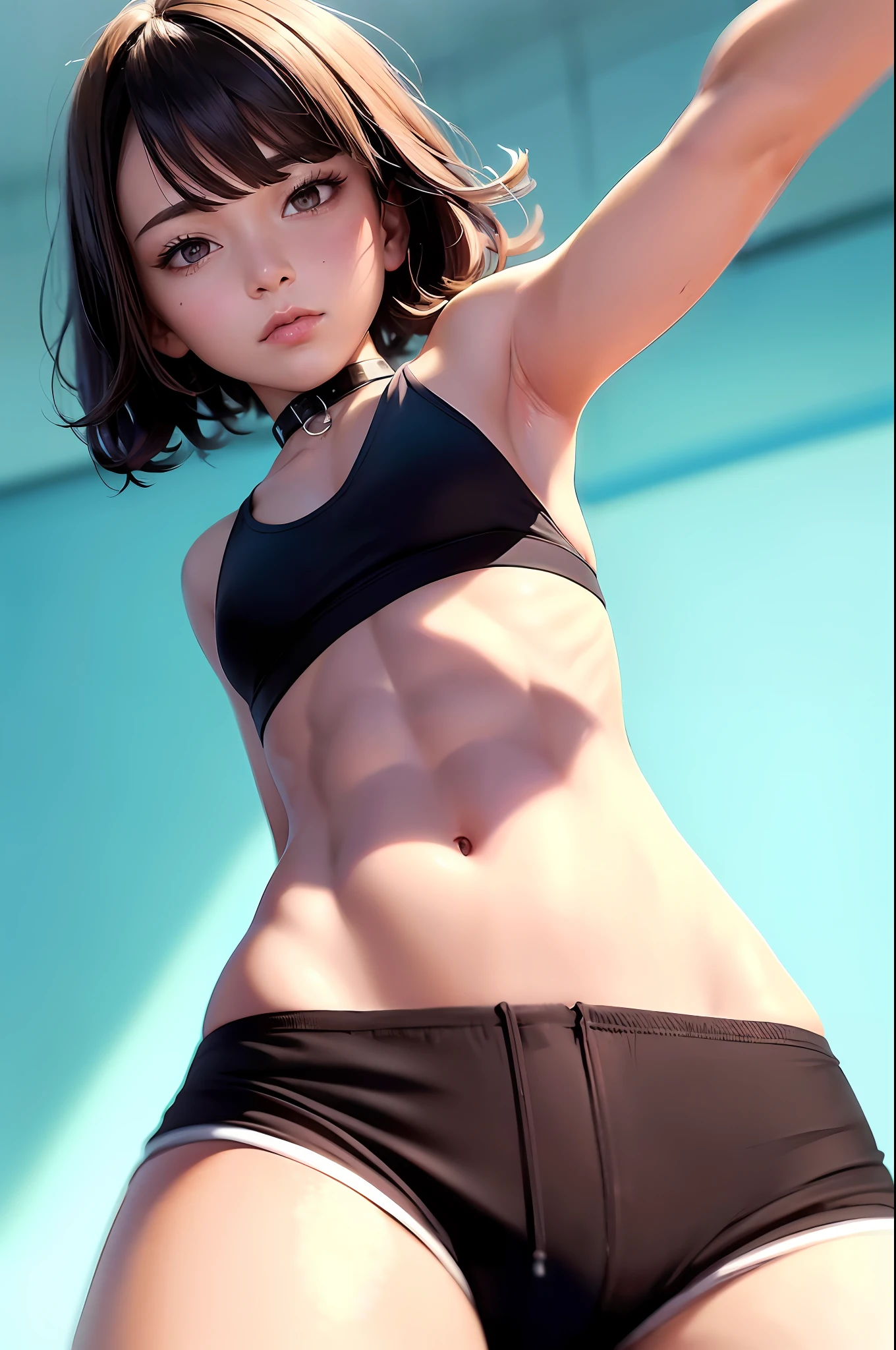((medium chest, tomboy, small head), (cut abs: 1.1), (short wavy hair: 1.2), auburn, collar, chain, full body, workout, sweat, femboy, lid ( shorts), (very detailed CG 8K wallpaper), (very delicate and beautiful), (best quality: 1.0), (super high resolution: 1.0), beautiful lighting, perfect lighting, realistic shadows, [high resolution], detailed skins, ultra-detailed ((colorful))