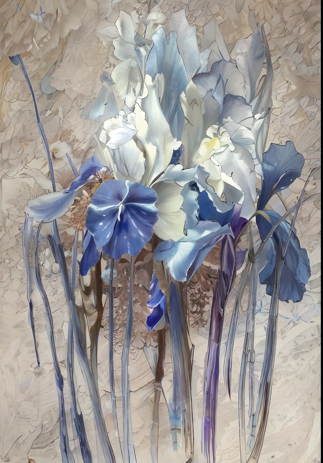 painting of a bouquet of flowers with blue and white flowers, iris compiet, an ultrafine detailed painting, blue iris, irises, soulful irises, iris, ultrafine detailed painting, added detail, illusionistic detail, inspired by Mikhail Vrubel, detailed coloured pencil, ultrafine detail ”, highly detailed fine art, wide irises