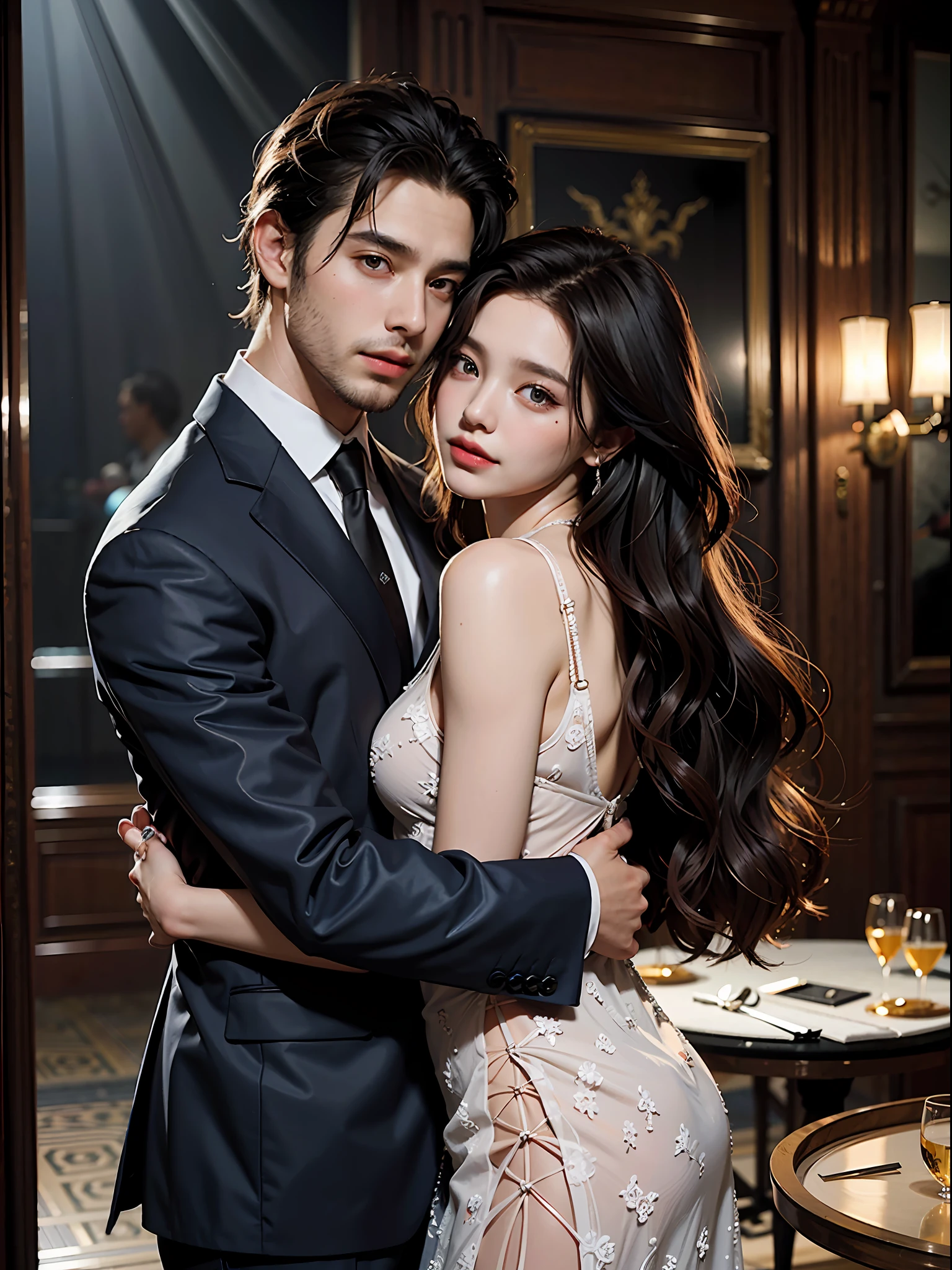 Top quality, masterpiece, ultra high resolution, (photorealistic: 1.4), (1 male, 1 female: 1.2), raw photos, dark luxury cabaret club interior, (men and women enjoying excessive skinship: 2), (staring at each other: 1.5), men and women in their 20s, hugging, kissing, smiling, (women are wearing luxurious and sexy party dresses, men are wearing formal suits: 1.2), ( Perfect face, perfect body, perfect clothes, perfect anatomy: 1.5), movie lighting, romantic indirect lighting, detailed and delicate drawing, gaze does not look at the front