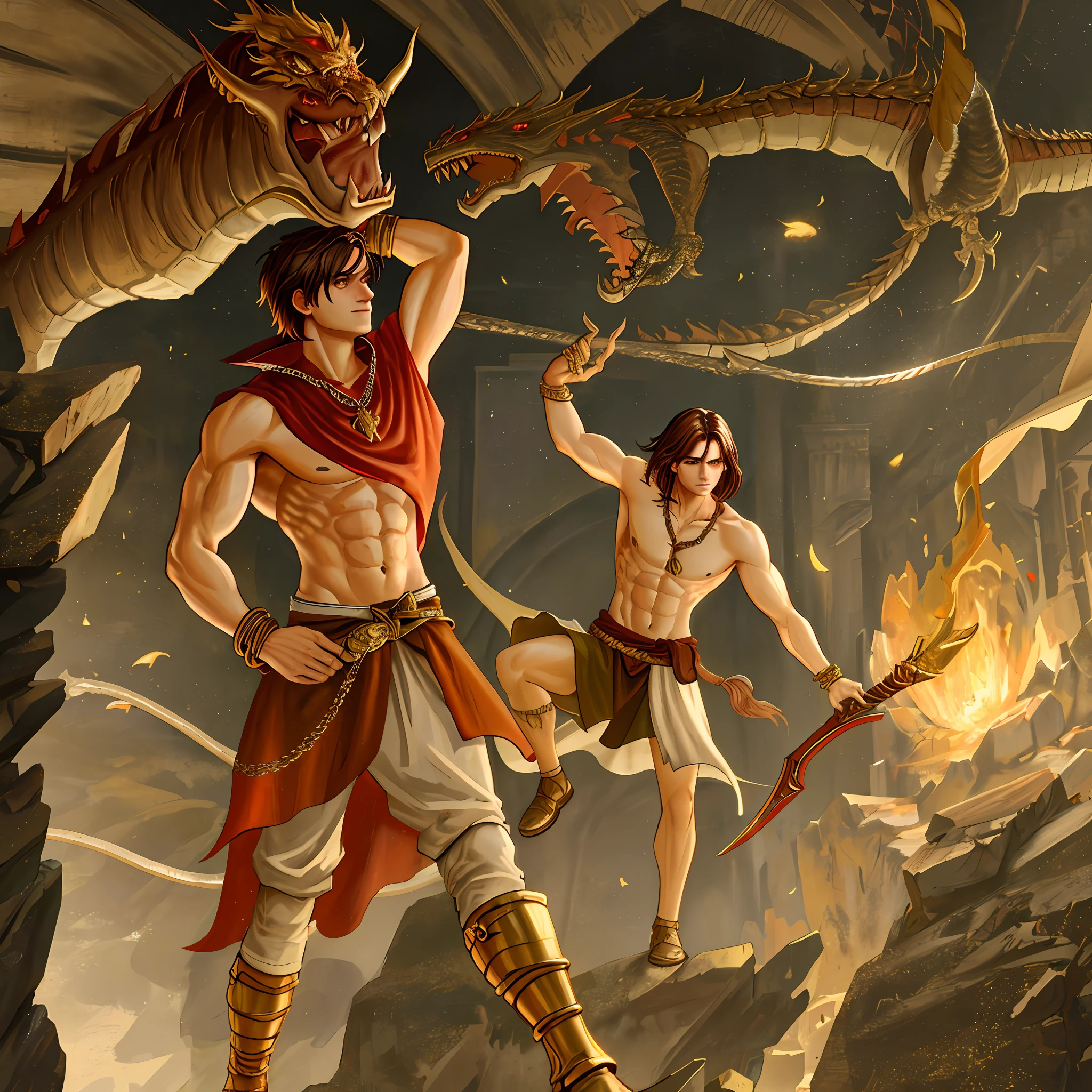 dim light, old castle, male and dragon,dragon knight, muscular, shirtless, brown eyes, long brown hair, bright red loincloth, longsword in right hand, gold necklace, gold bracelet, 8k, unreal engine, highly detailed, photorealistic