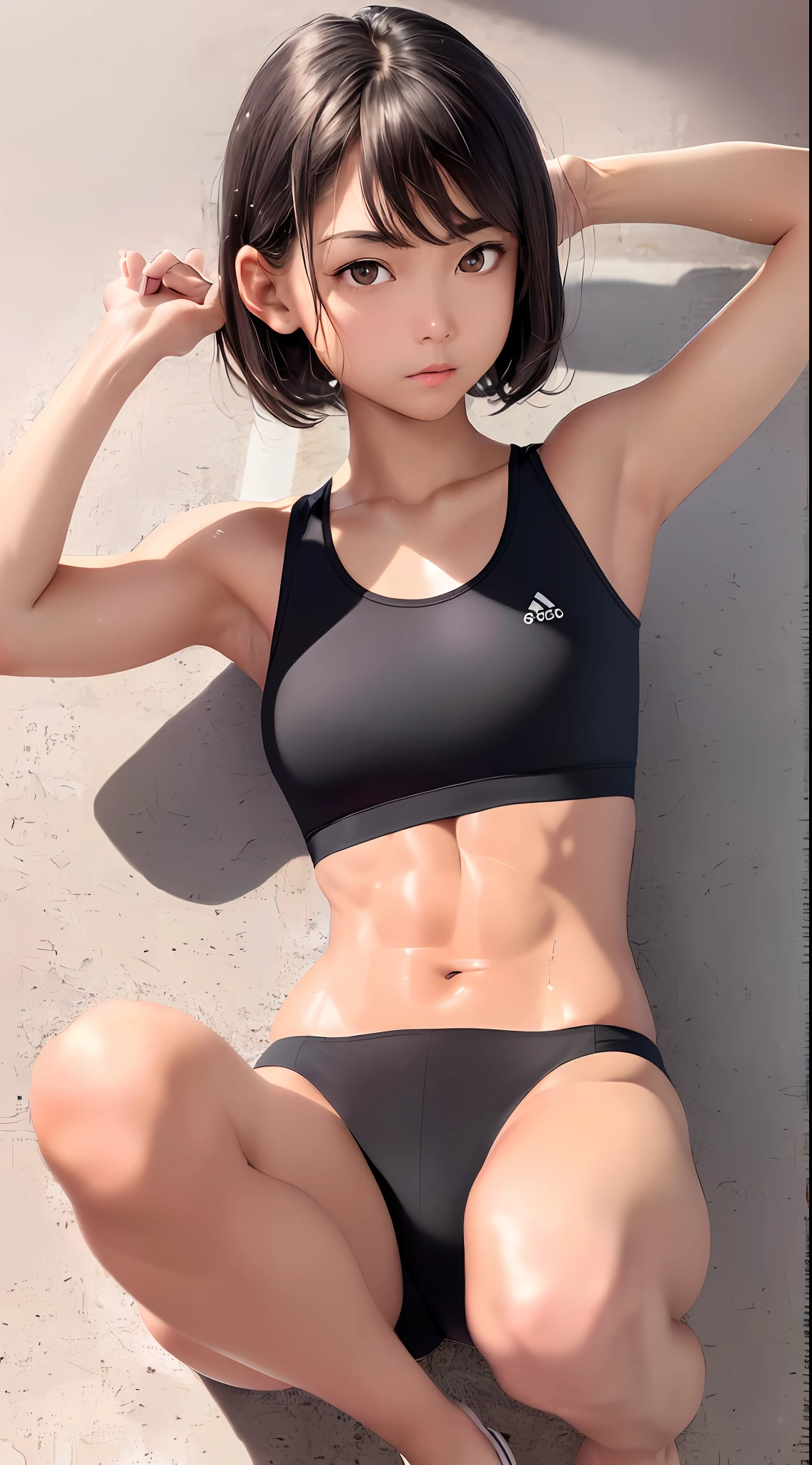 RAW photo, masterpiece, absurd, (photorealistic: 0.5), detailed, intricate, 1 girl, solo, toned, (tan: 1.2), (on the back: 1.275), (on the floor: 1.275),, sportswear, heat, sweat, tomboy, (carry me), (arms outstretched), blush, afterglow, torogao, (abs: 0.85), (biceps: 0.85), (glowing eyes: 1.2) , tousled hair, very short hair, (medium chest: 0.75), (large chest: 0.75), thin, (slight smile: 0.65), shiny skin, wet hair, yoga mat, shiny hair, gloss, indoors, collarbones, looking at viewer, (knees together, feet apart: 0.5), looking up, lying down,