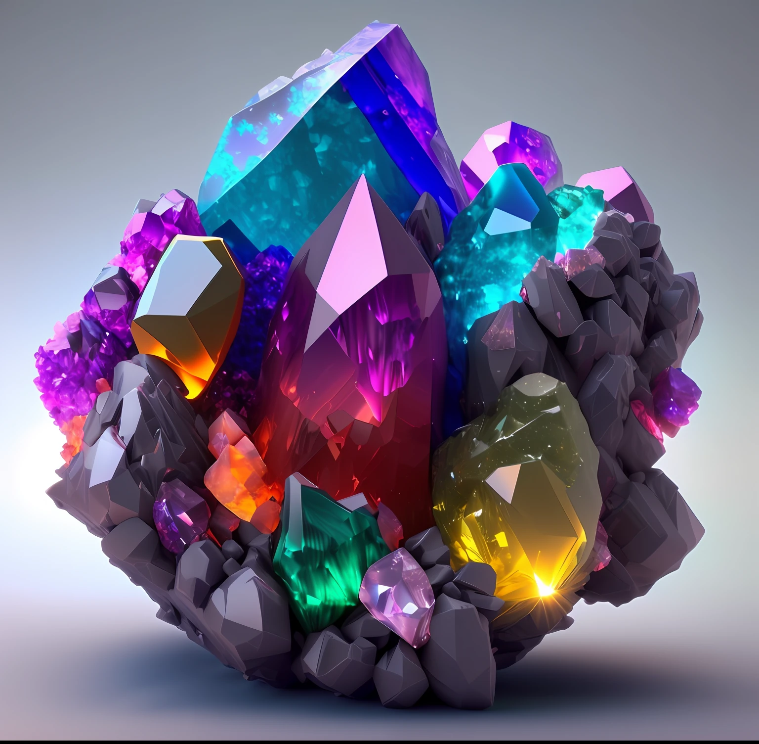 a close up of a cluster of colorful crystals on a gray surface, colourful 3 d crystals and gems, colourful 3d crystals and gems, colourful 3 d crystals, colorful crystals, made of multicolored crystals, 3 d ray traced crystals and gems, ornate colored gems and crystals, beautiful crystals, colorful gems, made of crystals, minerals, magical crystals