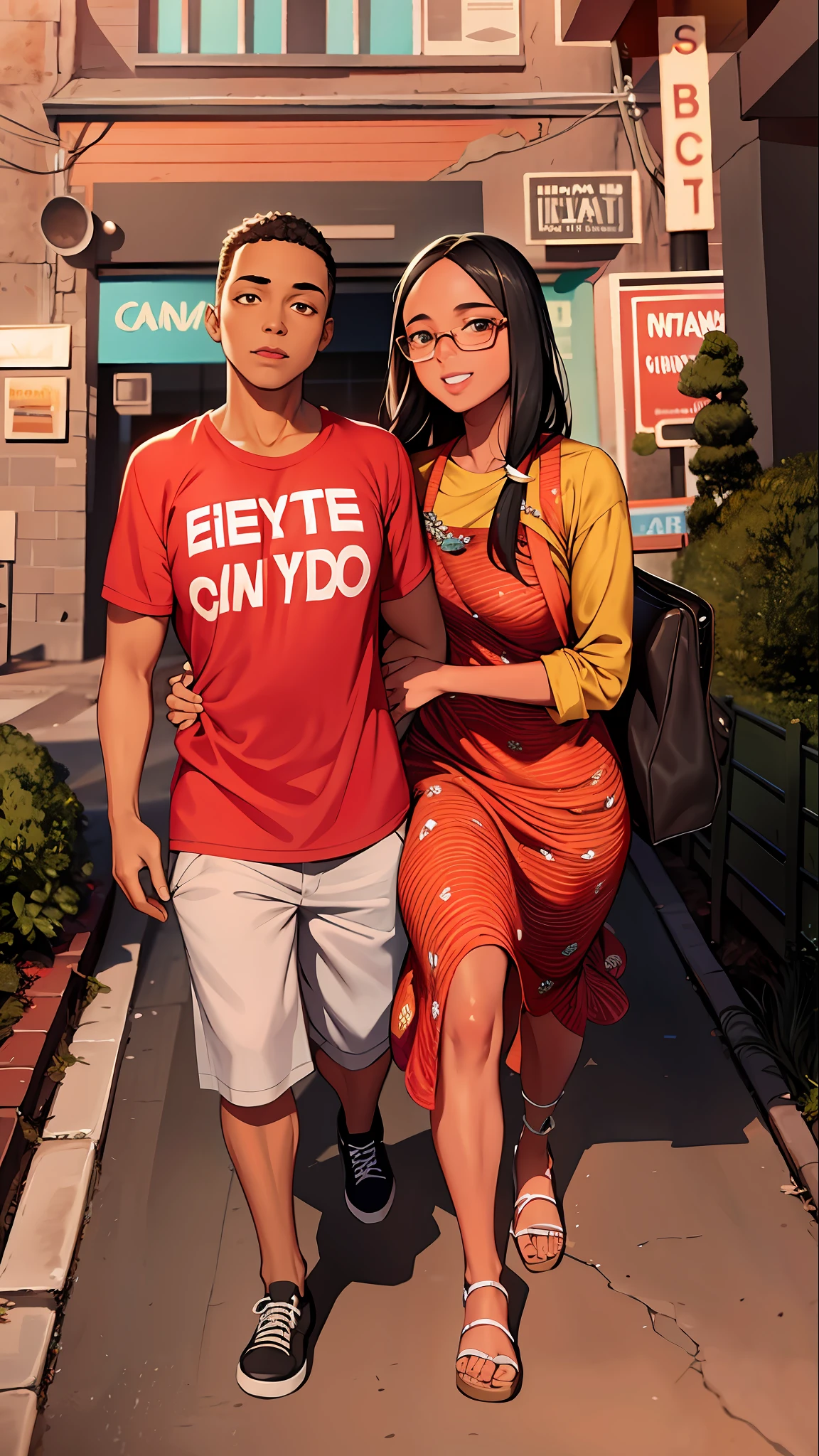 realistic portrait of cute man and woman embracing, african american ([dark skin color]), couple, ((walking)), wearing patterned t-shirt and jeans, current fashion, kanekalon hair, sunset background on a road close-up, product view, detailed facial details, perfect face, trend art, sharp facial details, cgsociety, ultra-quality digital art, hyper-exquisite details, 4k, 8k soft lighting, dreamy, fashion, engine rendering unreal -