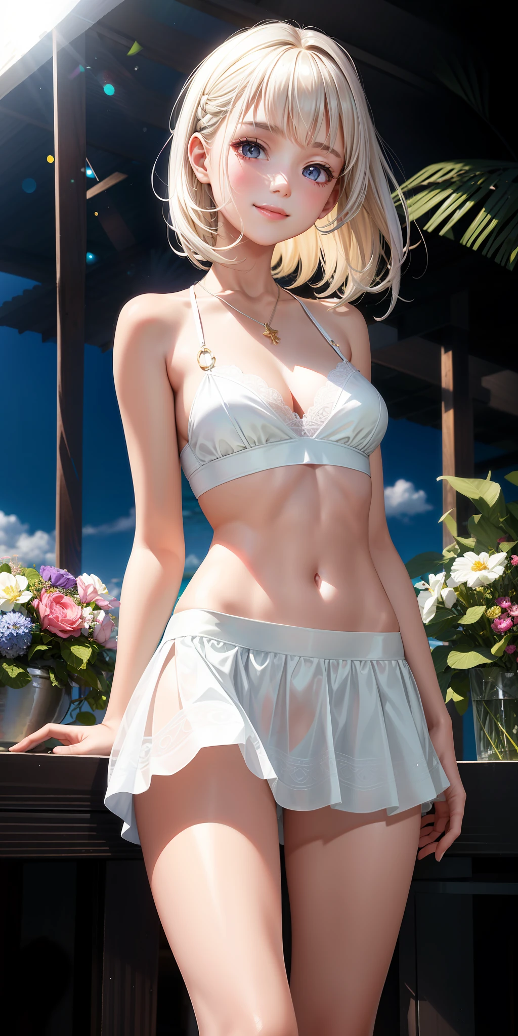 "(1girl:1.2), high-fidelity characters, bright warm tones, full of realism, gorgeous white dress, bright eyes, shining white hair and purple pupils, small animals full of personality, gorgeous rainbow beach, sunny weather, focus on the beauty of skirts and skirts, have depth and transparency, touch the curves of the figure. Elegant lace skirt, beautiful view of the sea and beach, skirt soaked in moisture, attractive neckline outlined in perspective and light", smile, sweet, bare neck, necklace, pendant, suspenders, swimsuit, sunny, daytime, lace, lace shorts, fluffy breasts,