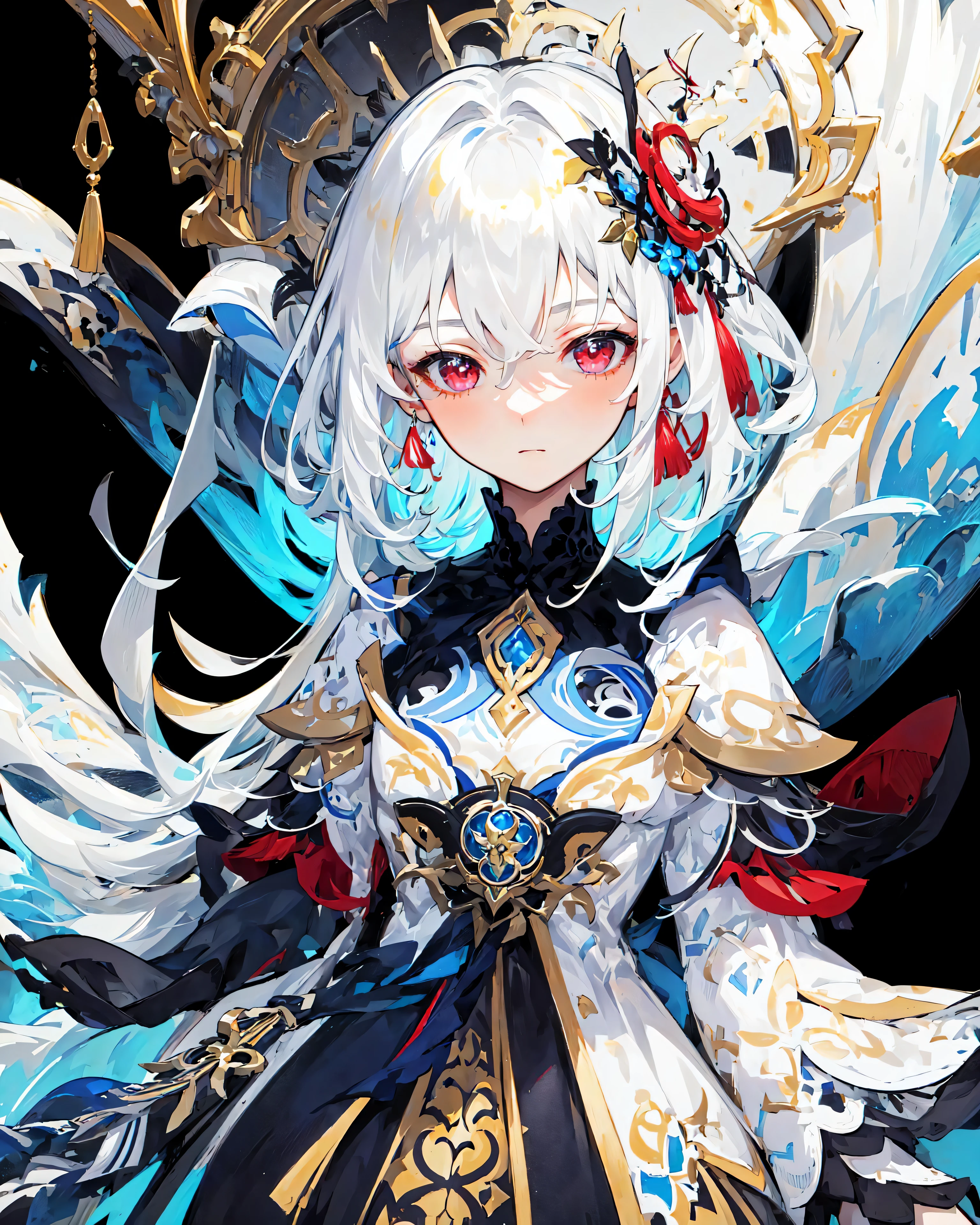 ((masterpiece)), ((high detail)), 1girl,  ((ultra-detailed)),((delicate face)),  Beautiful detailed eyes, gradient hair,hairs between eyes, GSHead,1girl ,solo,white hair,red eyes,genshin_impact, black_background,look at the viewer,