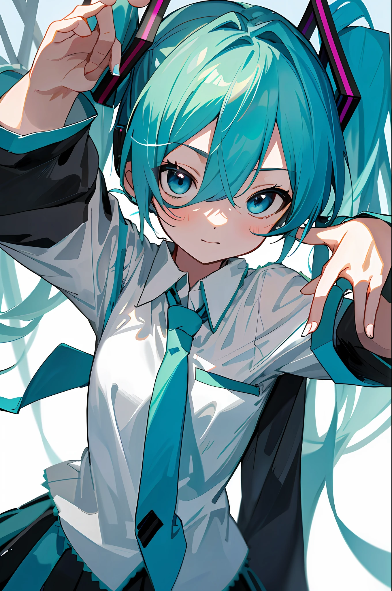 Masterpiece, Hatsune Miku, white shirt, blue tie, strapless, open sleeves,