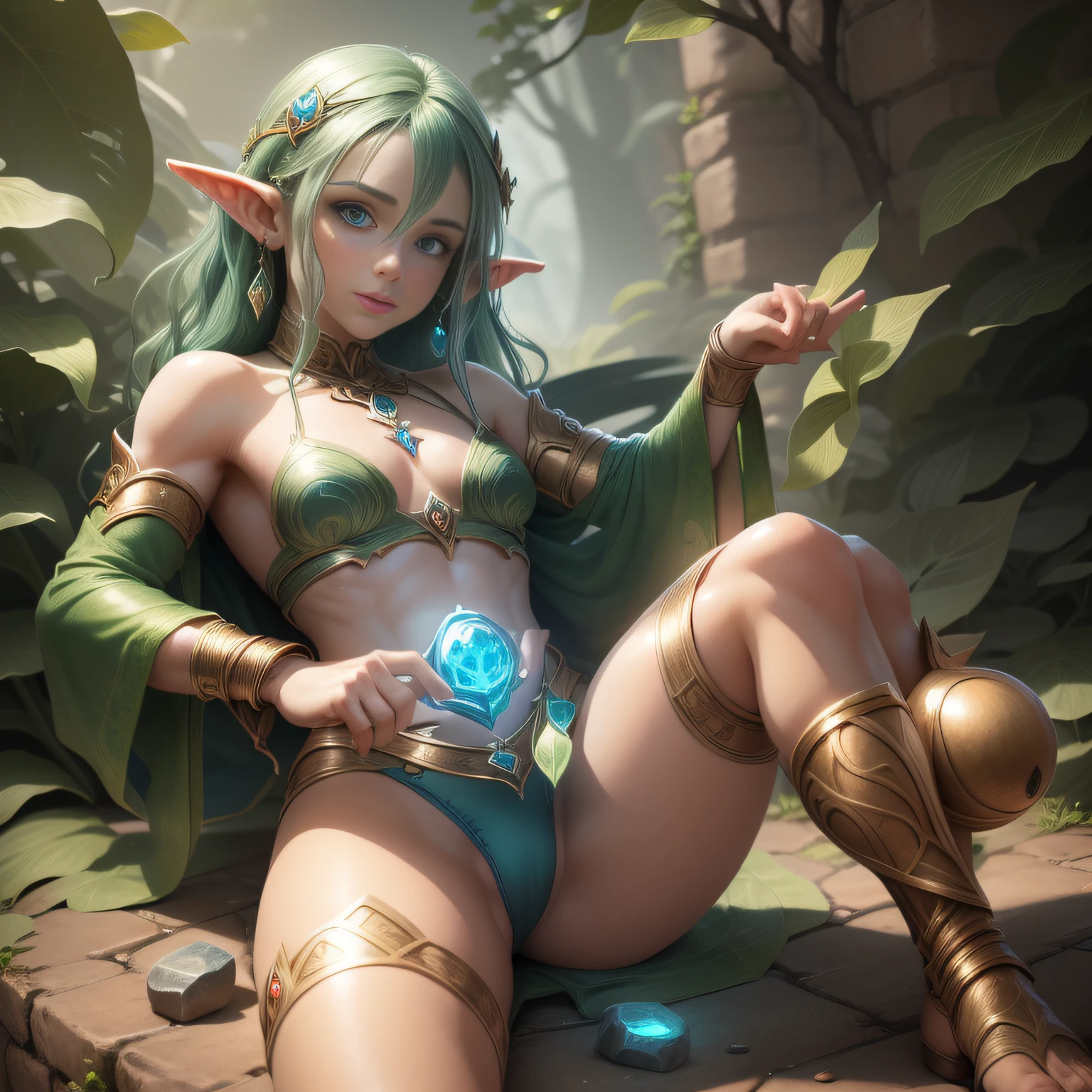 {Intricate magic ring made of small elf fairies } ,  elf girl with freckles and bright striking blue eyes are shoulders, muscular, fit, defined abs, thongs,  runes of power, game icon (masterpiece)