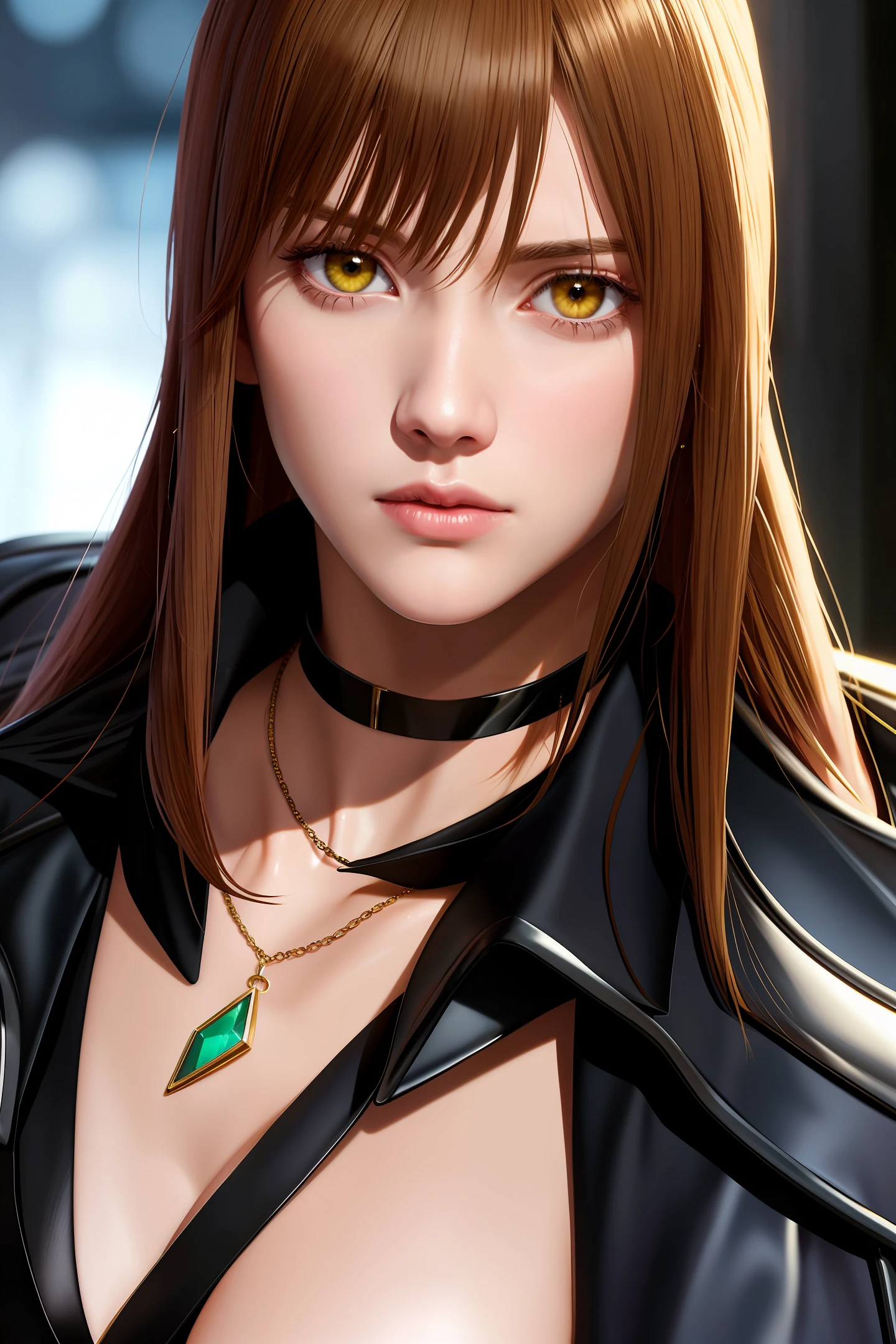 ff7r style, 25 year old, solo, realistic, yellow eyes, brown hair, long hair, blurry, Looking at the viewer, black jacket, jewelry, blurred background, necklace, choker, jacket, portrait, lips, ribbon, fringe, bow, nose, closed mouth, spy, resident evil ((masterpiece))